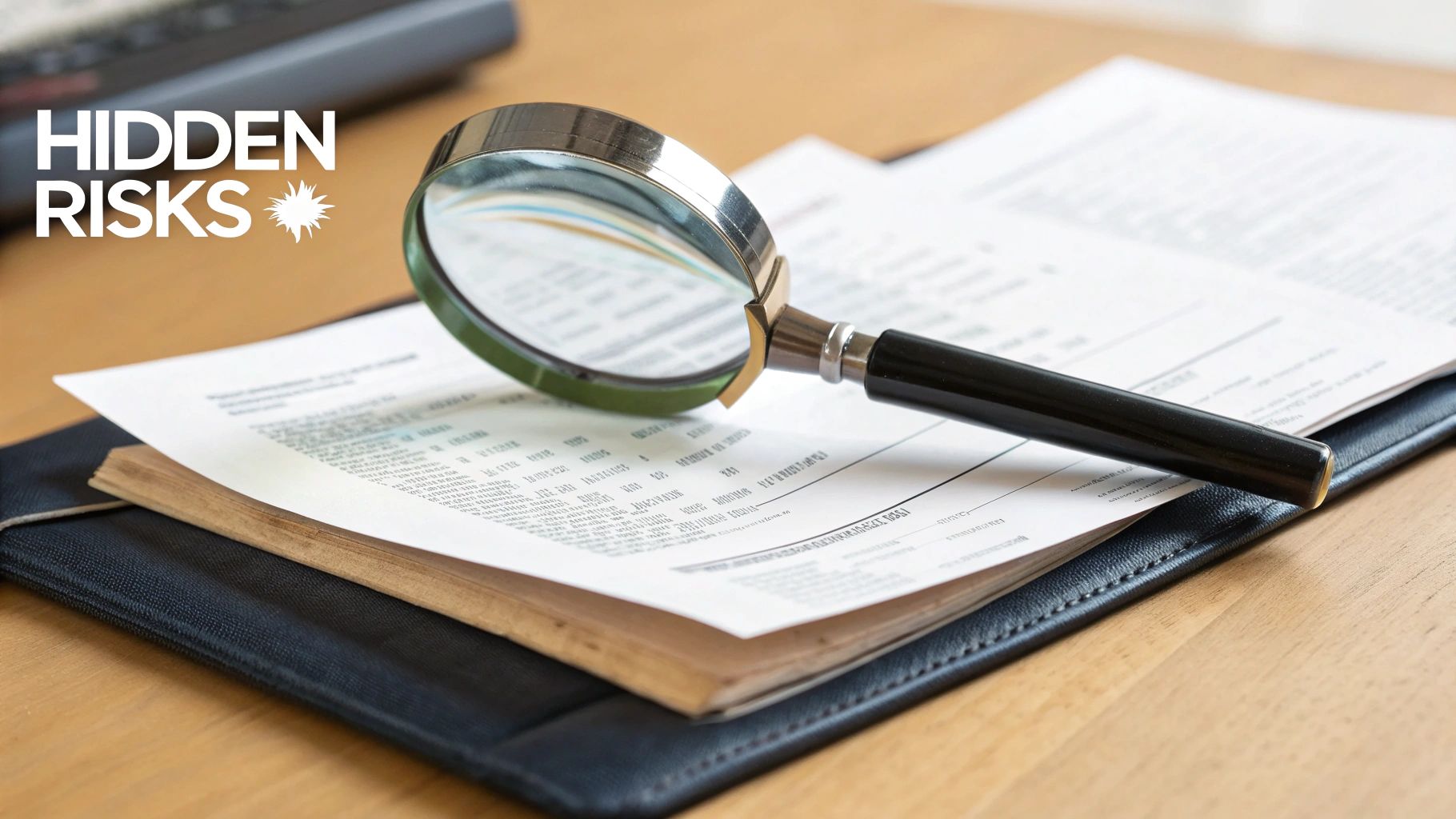 A magnifying glass rests on business documents, implying a thorough review of hidden risks.