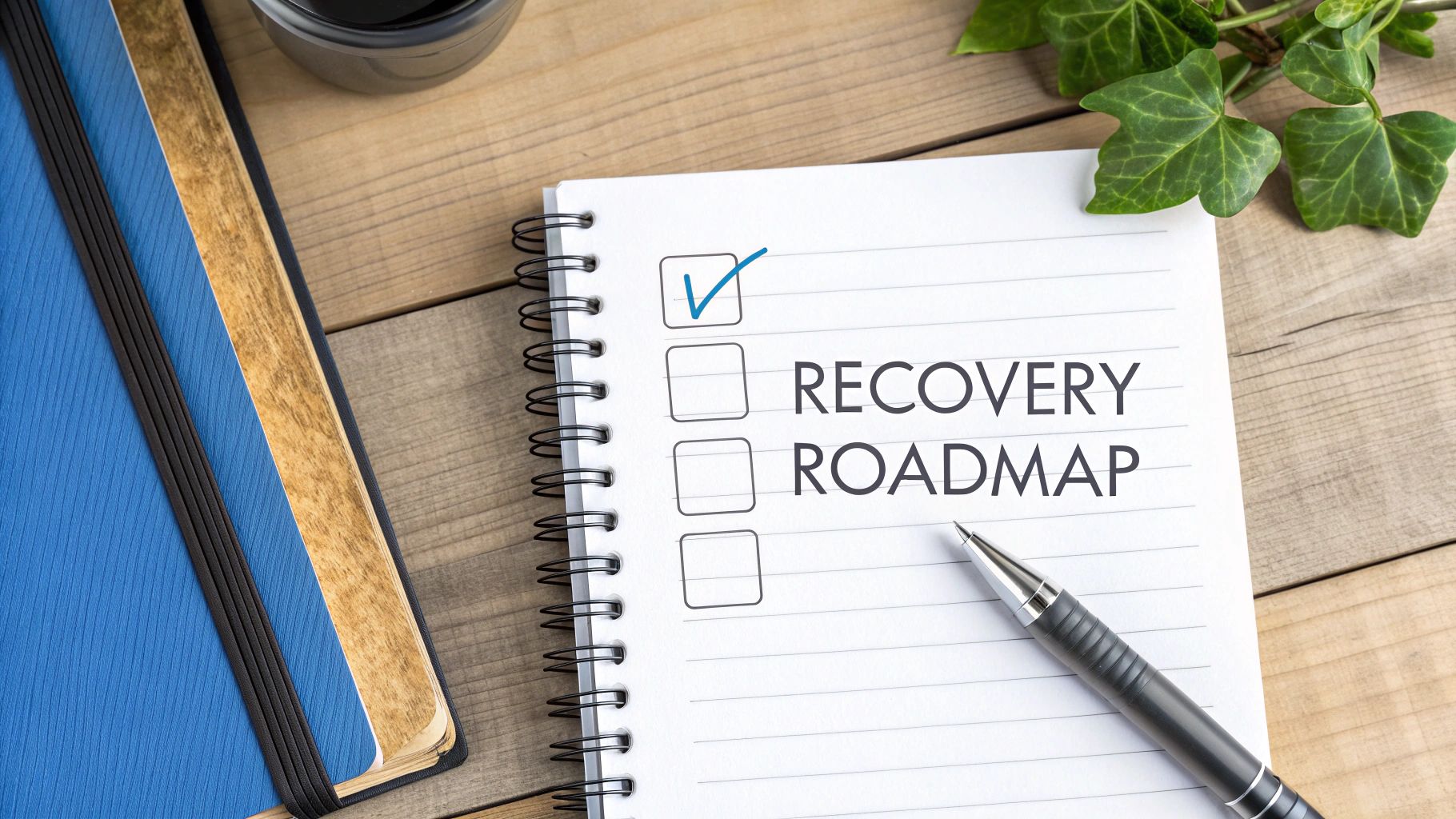 A spiral notebook on a wooden desk with a checked box for 'RECOVERY ROADMAP' and a pen.