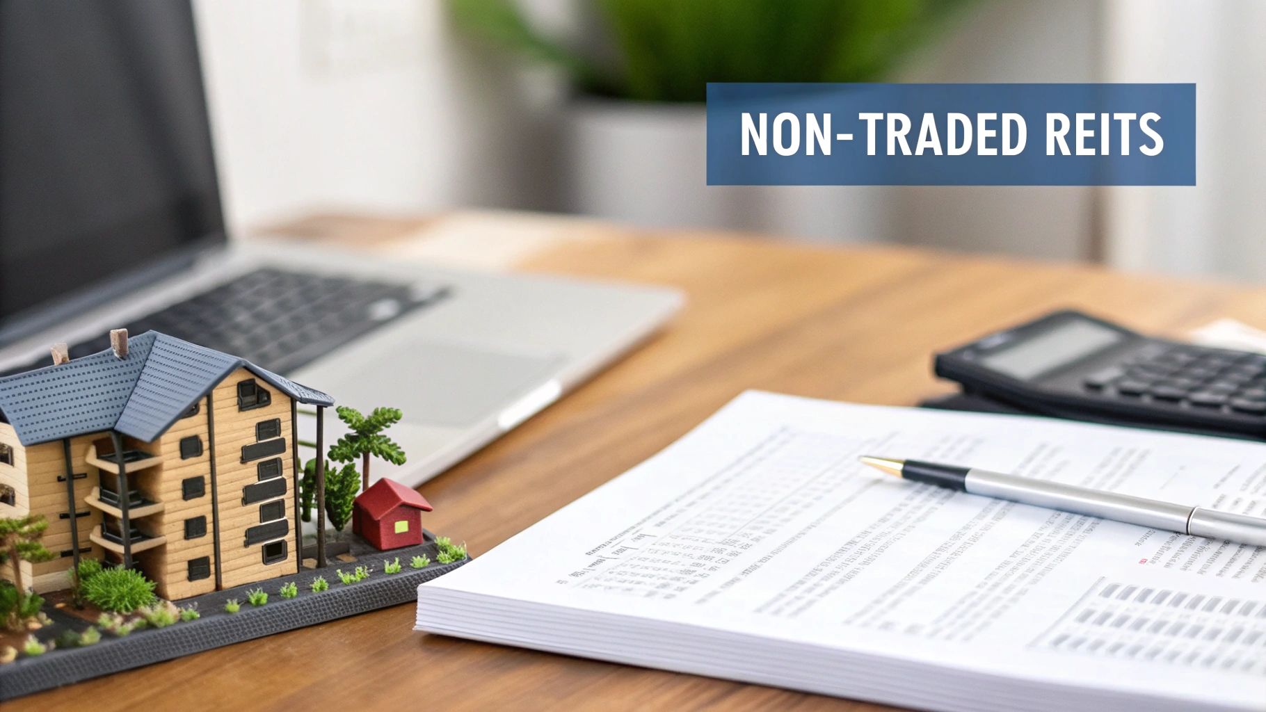 Desk with a model apartment building, laptop, and documents, featuring a 'NON-TRADED REITS' banner.