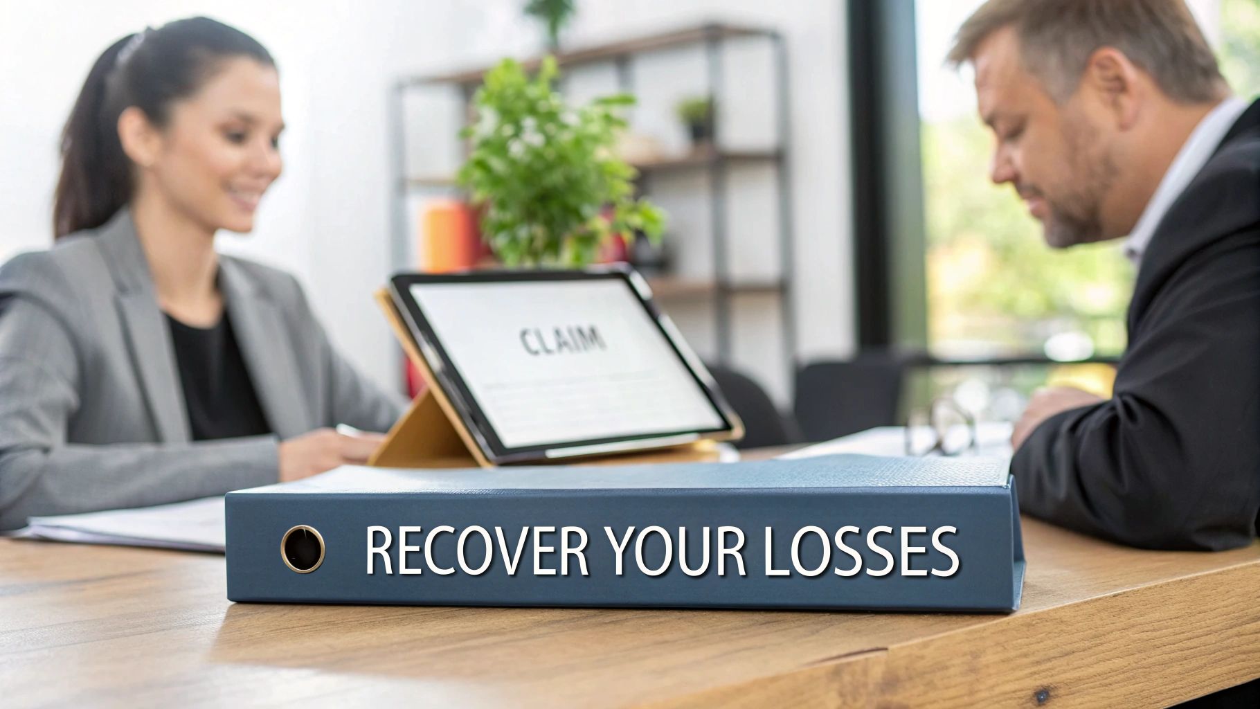 A blue binder saying 'RECOVER YOUR LOSSES' on a wooden desk, with a 'CLAIM' tablet and business people discussing.