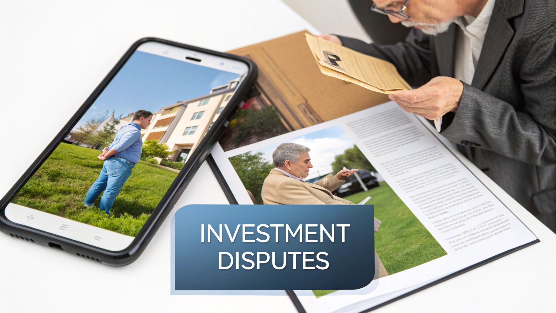 A smartphone displays a man outdoors, beside documents featuring an older man and 'Investment Disputes' text.