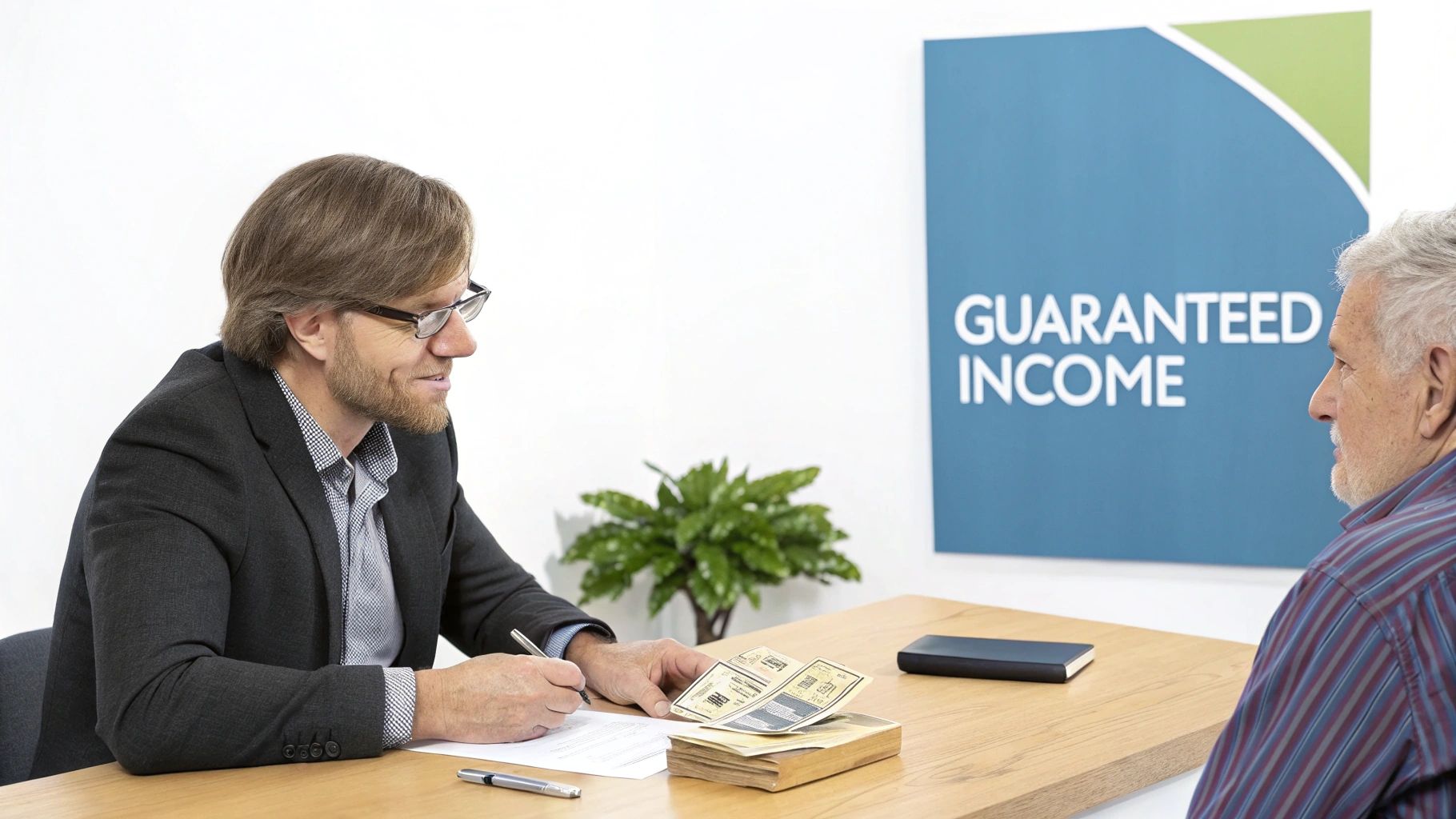 A financial advisor consults an older client about guaranteed income options at a desk.