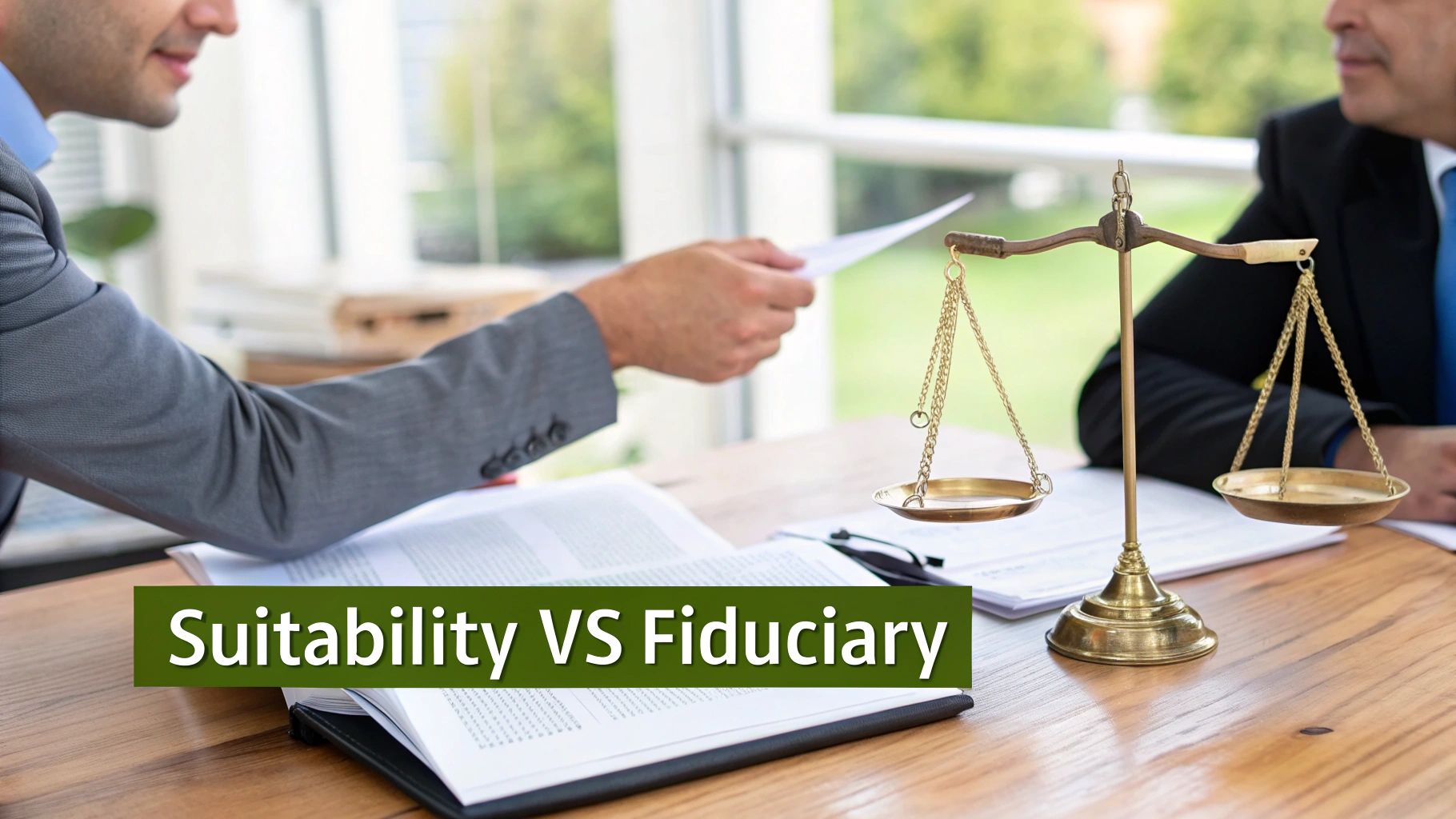 Two men discuss documents at a desk with a balance scale, illustrating suitability versus fiduciary standards.
