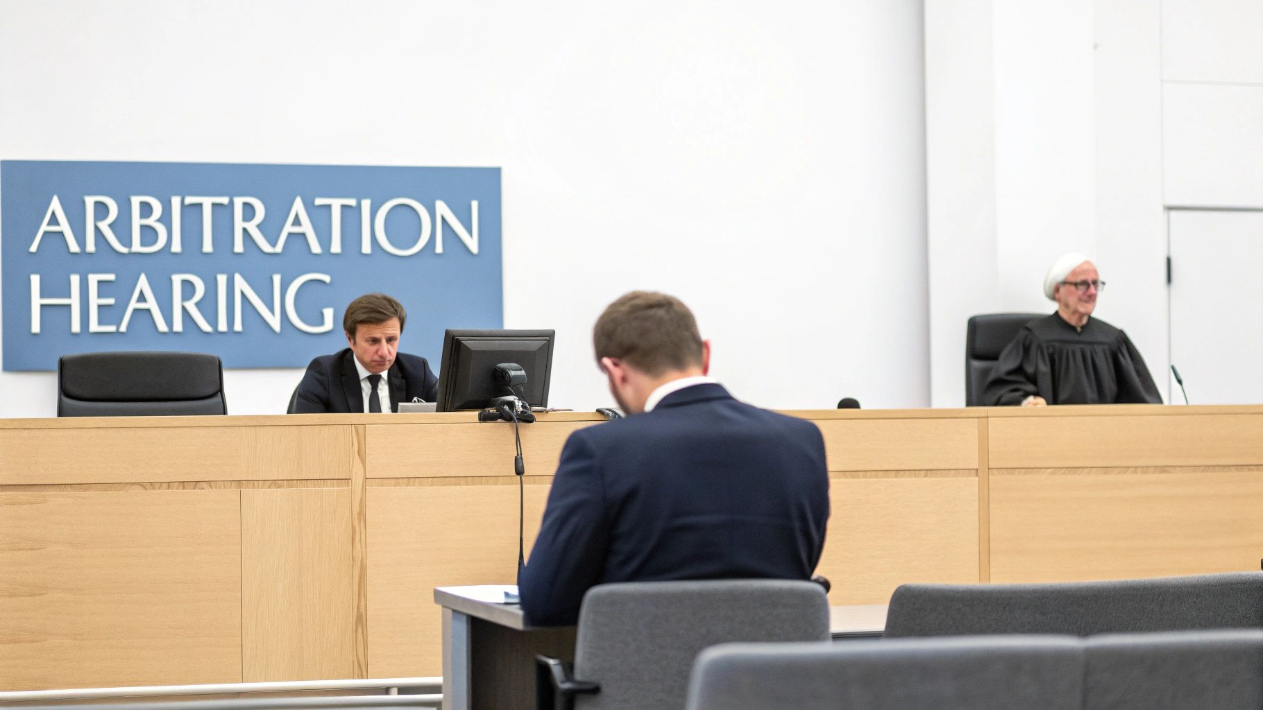 Professional arbitration hearing in progress with attorneys and arbitrator in formal courtroom setting