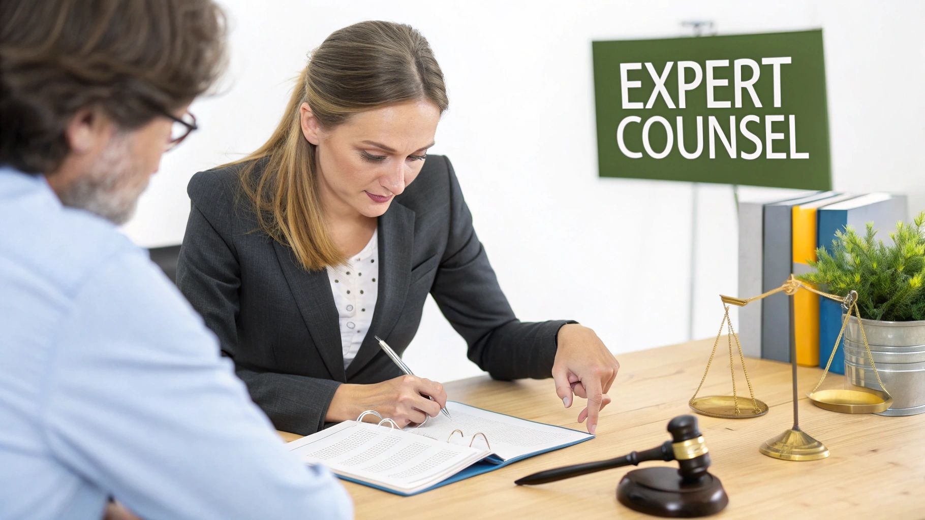 A female lawyer provides expert counsel to a male client, writing and discussing documents with legal symbols.