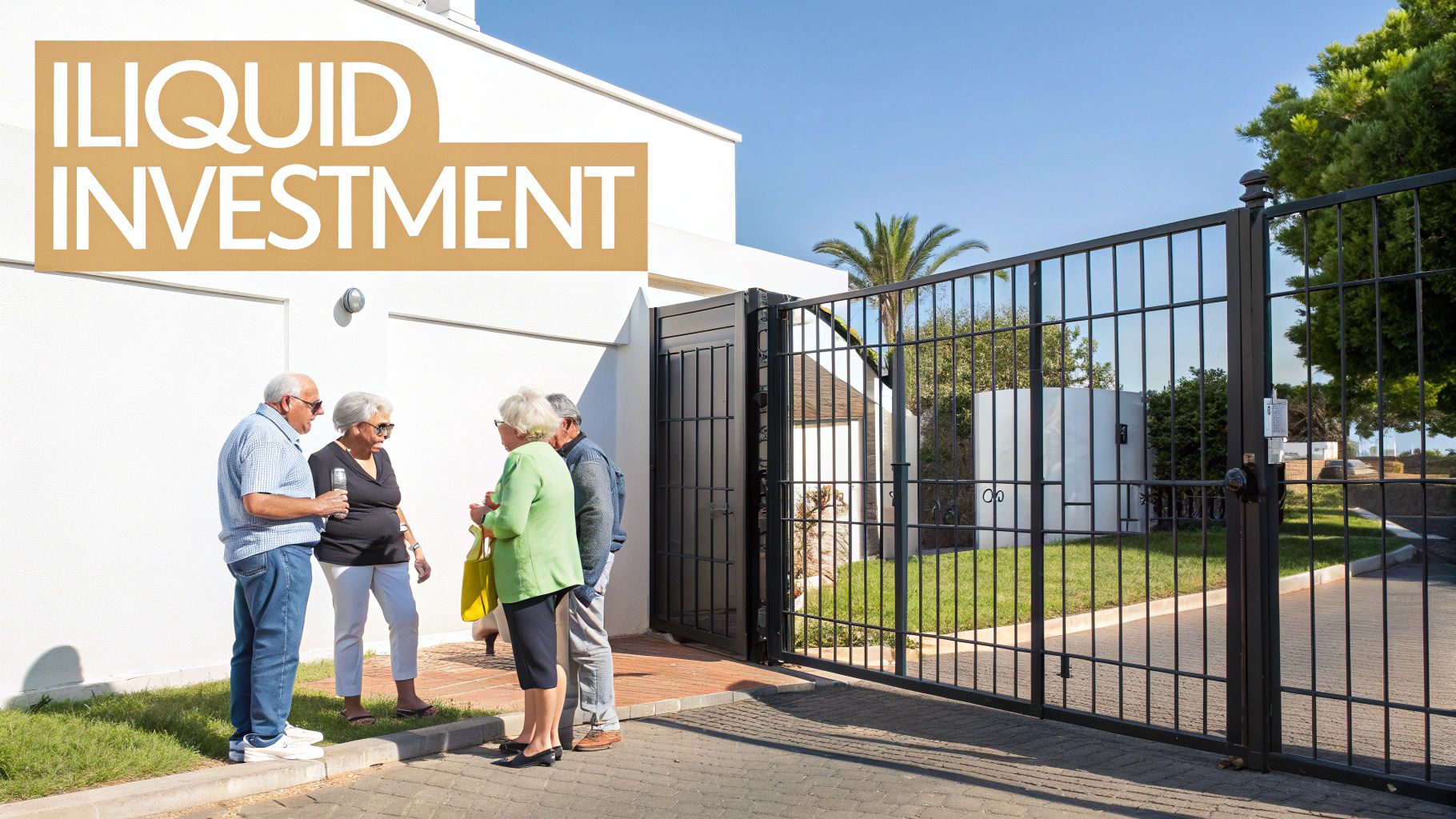 Older people discuss investments outside a white building next to a black gate, with text 'ILLIQUID INVESTMENT'.