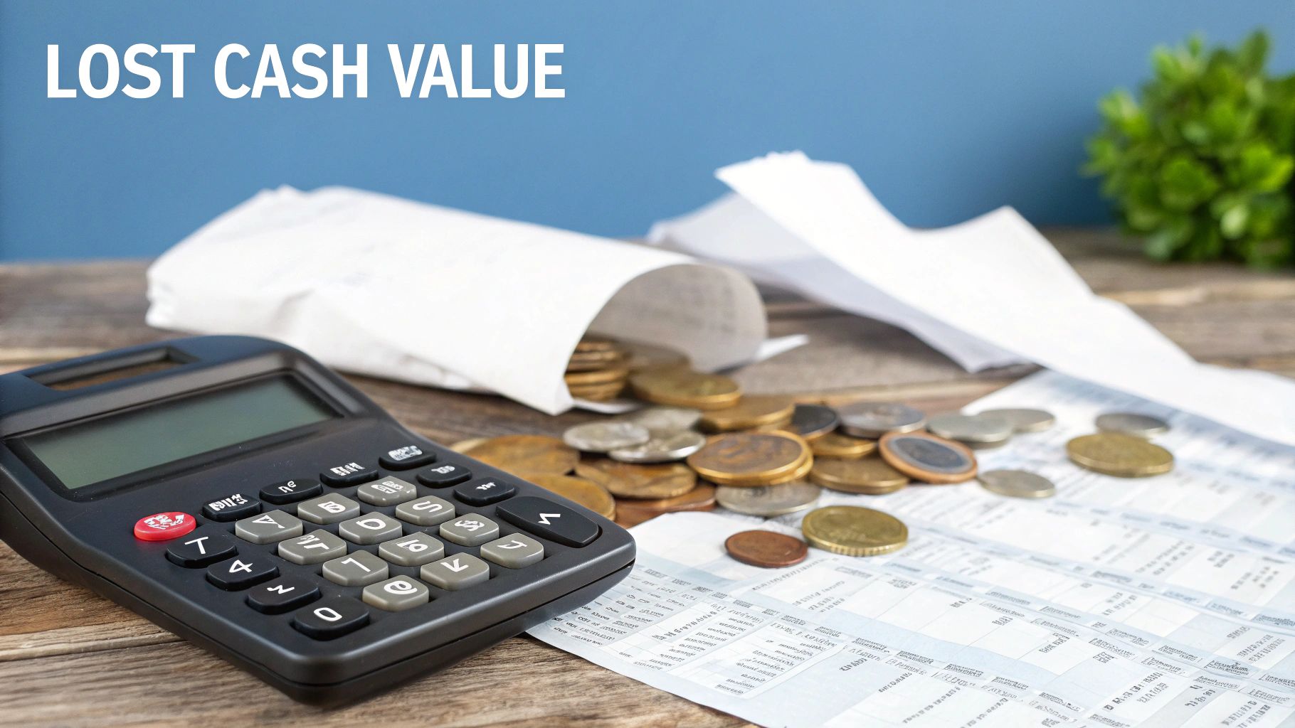 A calculator, scattered euro coins, and financial papers on a wooden desk, with 'LOST CASH VALUE' text.