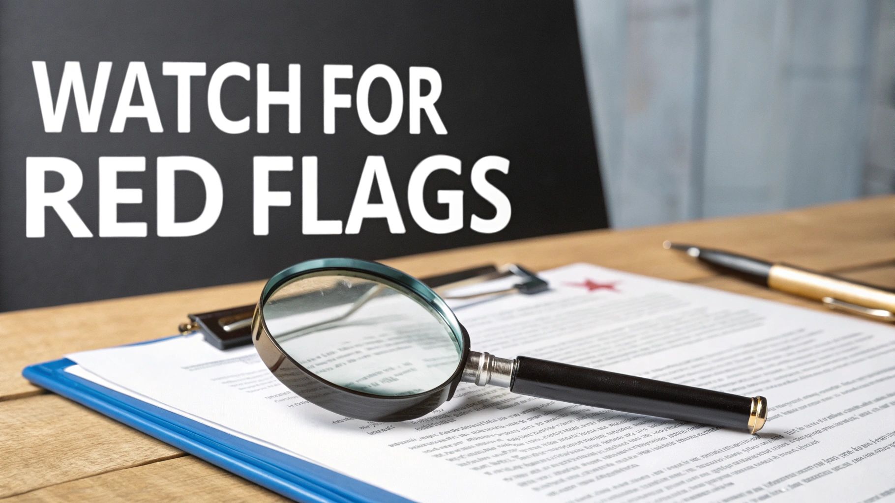 A magnifying glass rests on a document, with a sign in the background reading 'WATCH FOR RED FLAGS'.
