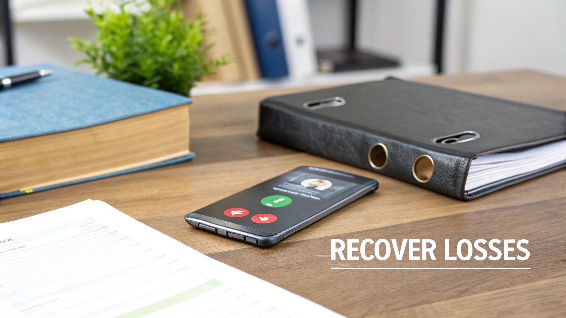 A desk with a smartphone on an active call, documents, books, and a binder, suggesting financial recovery.