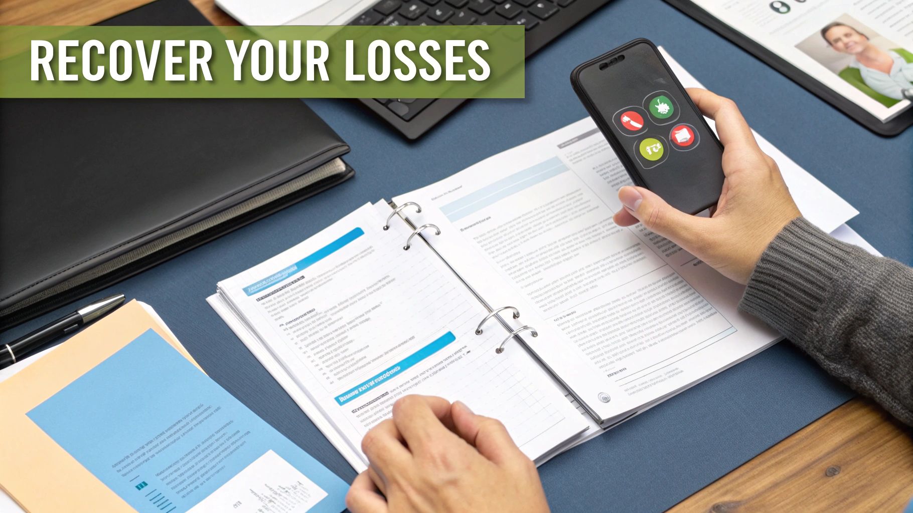 Professional reviewing investment recovery documents while holding smartphone with financial tracking application interface