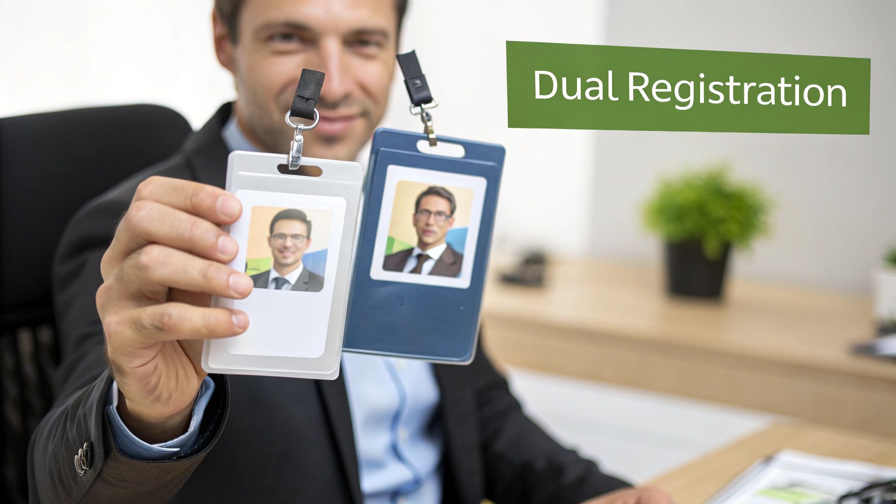 A smiling man holding two identical professional ID cards, with "Dual Registration" text in background.