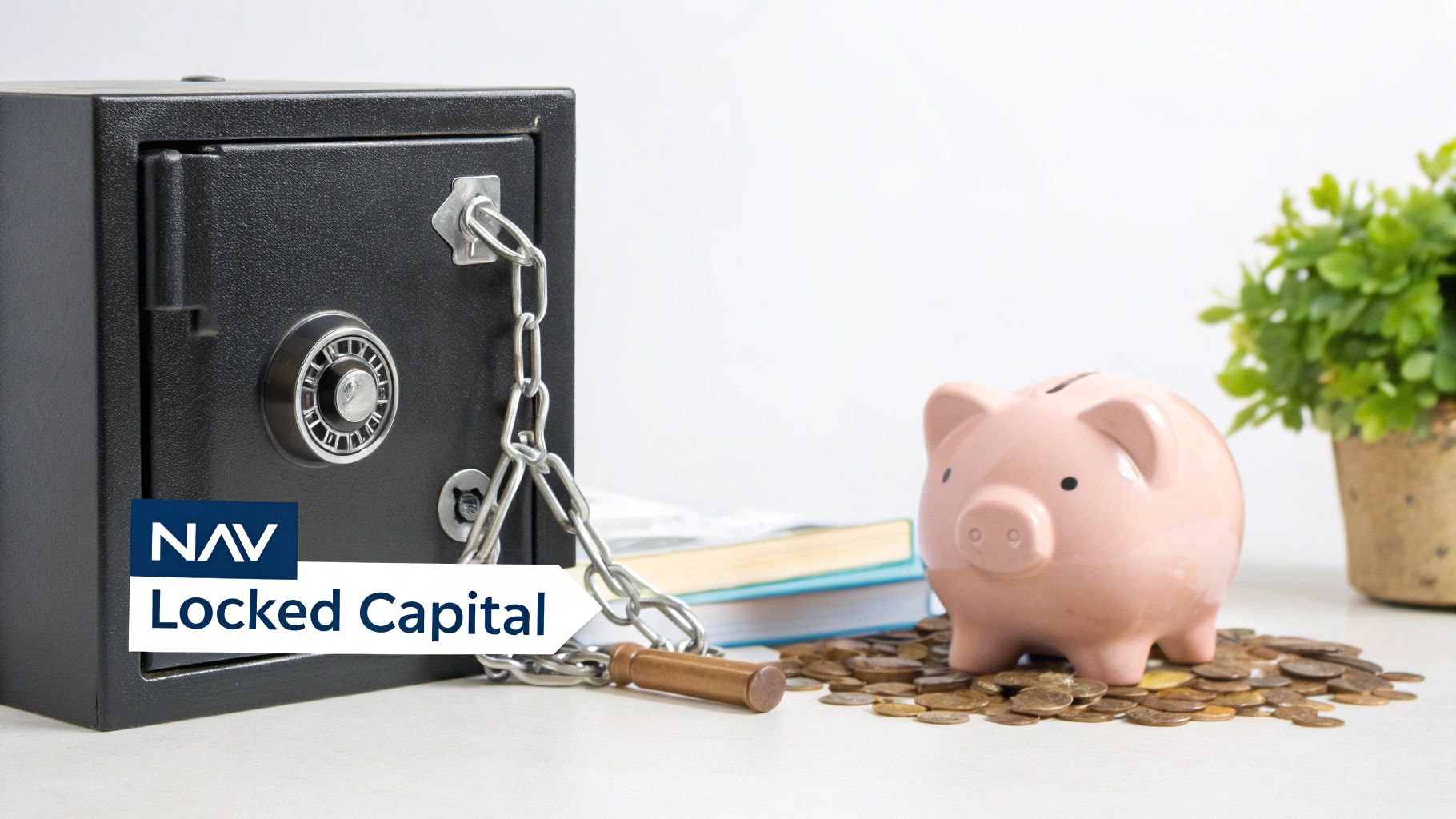 A chained black safe next to a pink piggy bank on coins, with 'NAV Locked Capital' text.