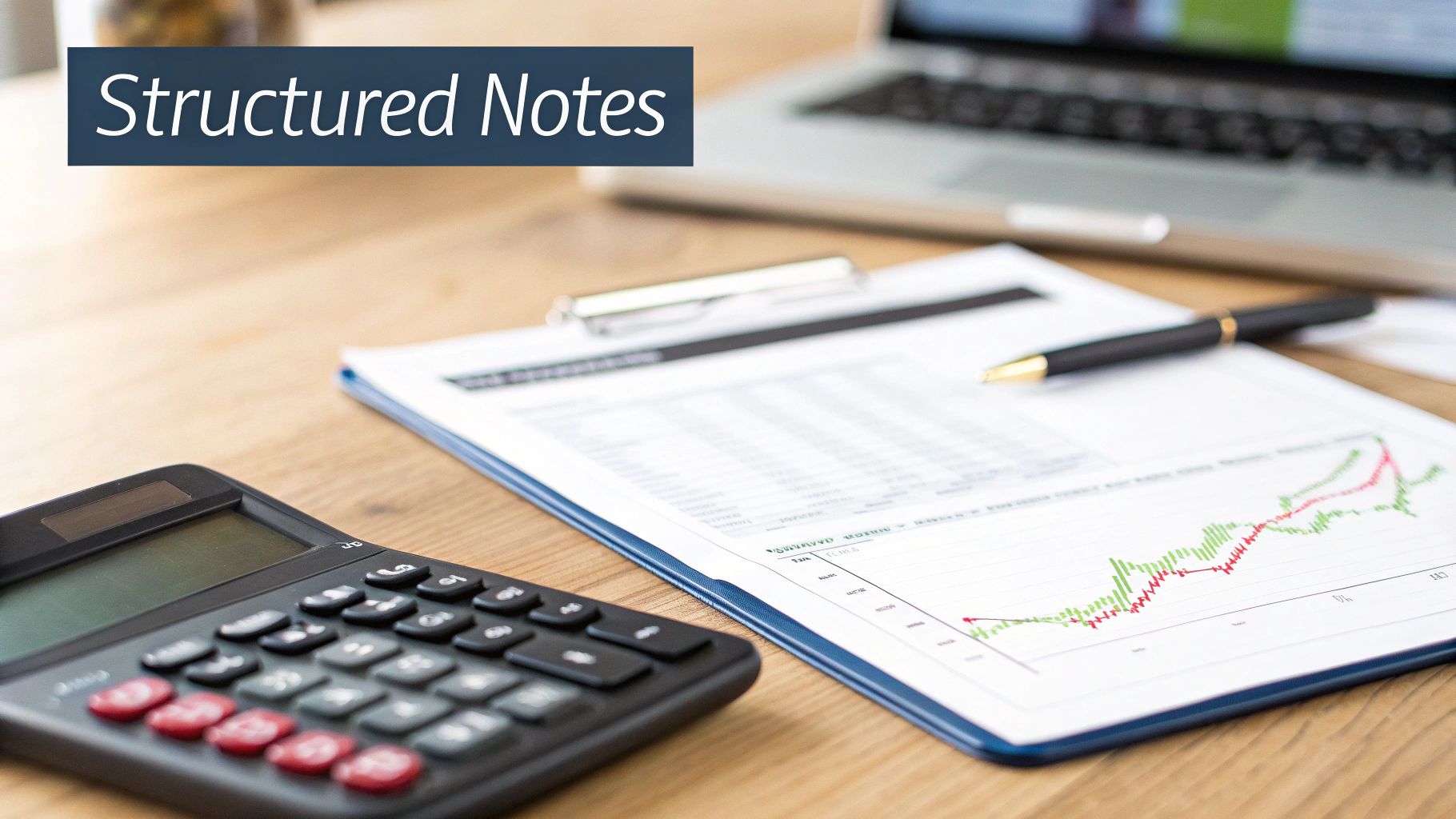 A calculator and financial document with charts on a desk, titled 'Structured Notes'.
