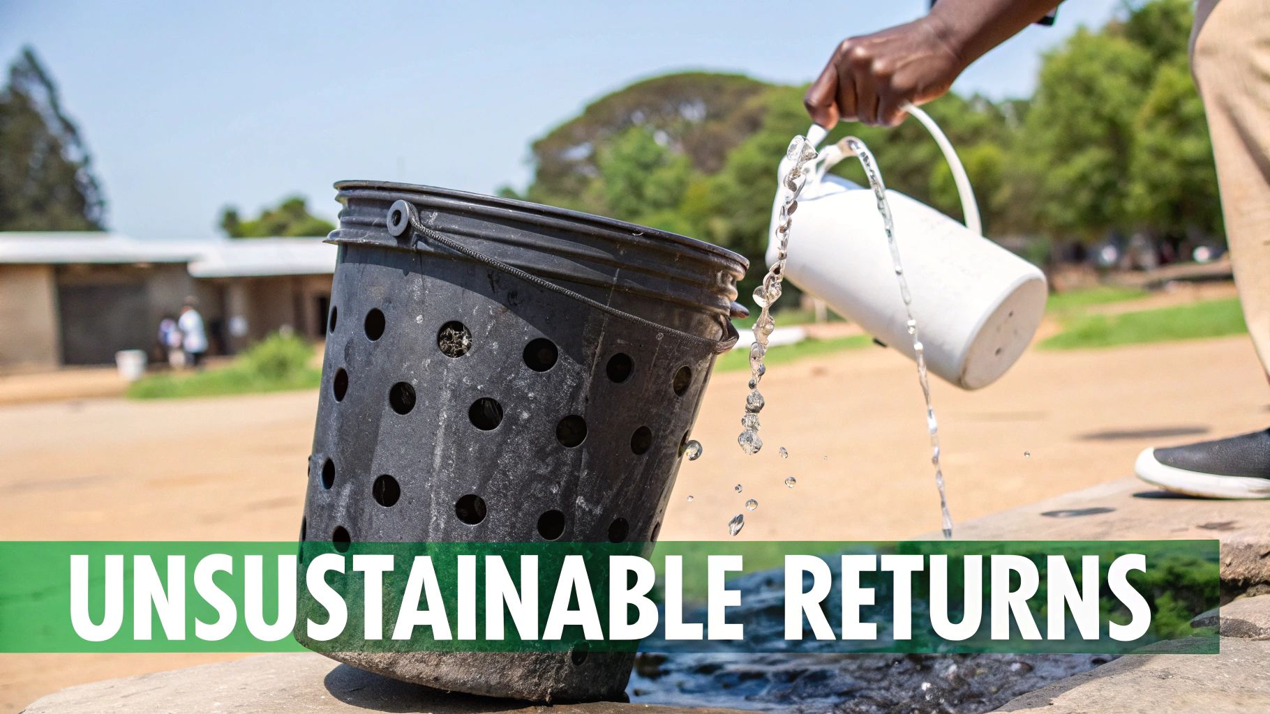 A person pours water into a leaky black bucket, symbolizing unsustainable returns and wasted resources.