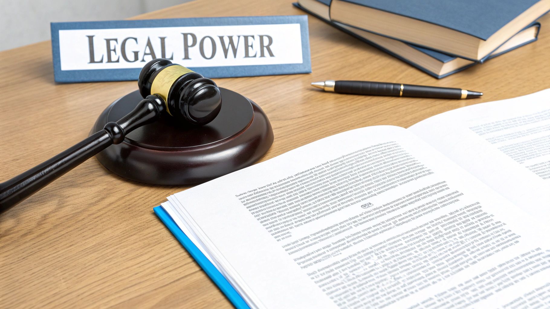 A judge's gavel, a sign reading 'LEGAL POWER', an open book, and other legal items on a desk.
