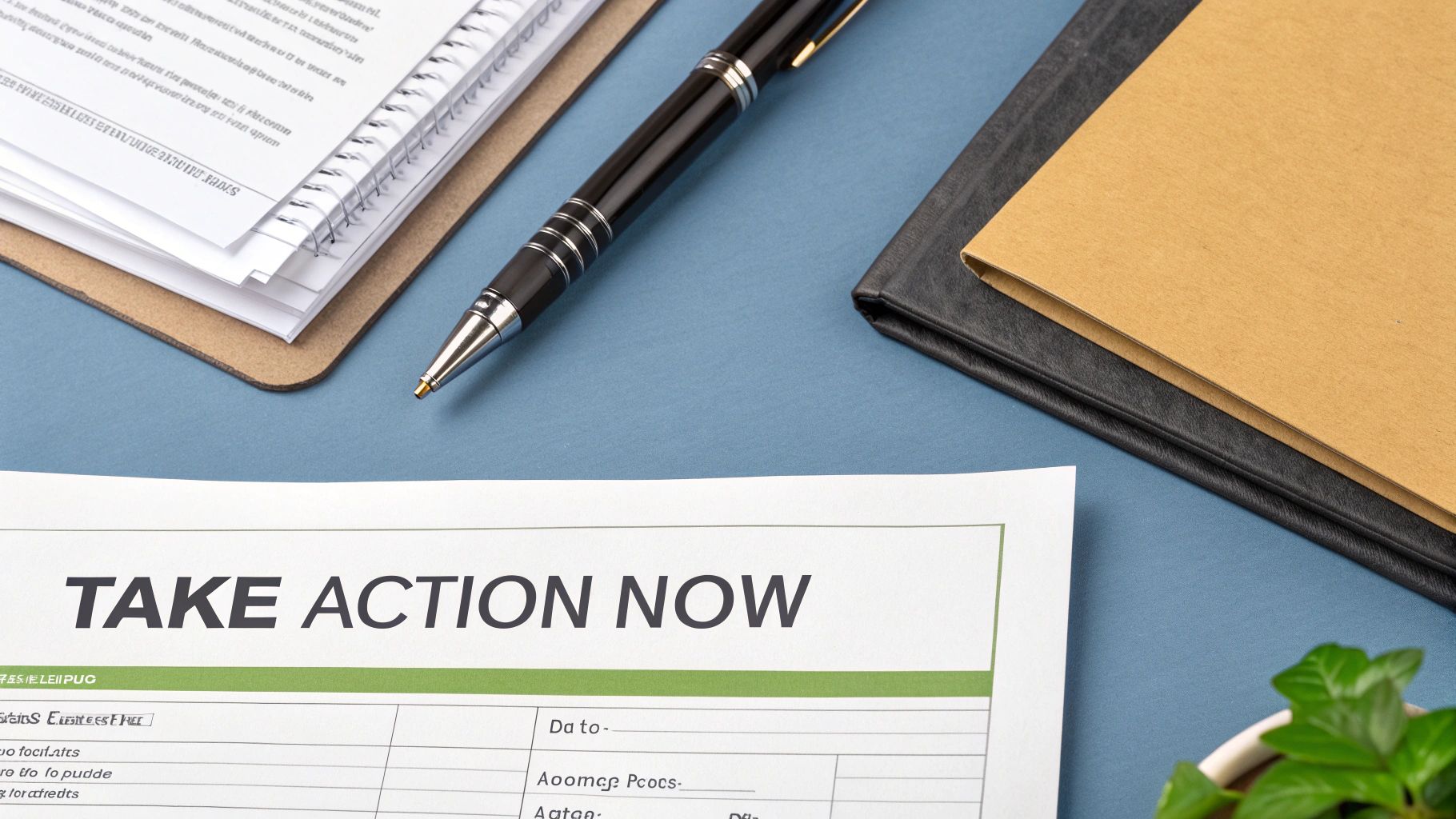 A document titled 'TAKE ACTION NOW' on a desk with a pen and office supplies.