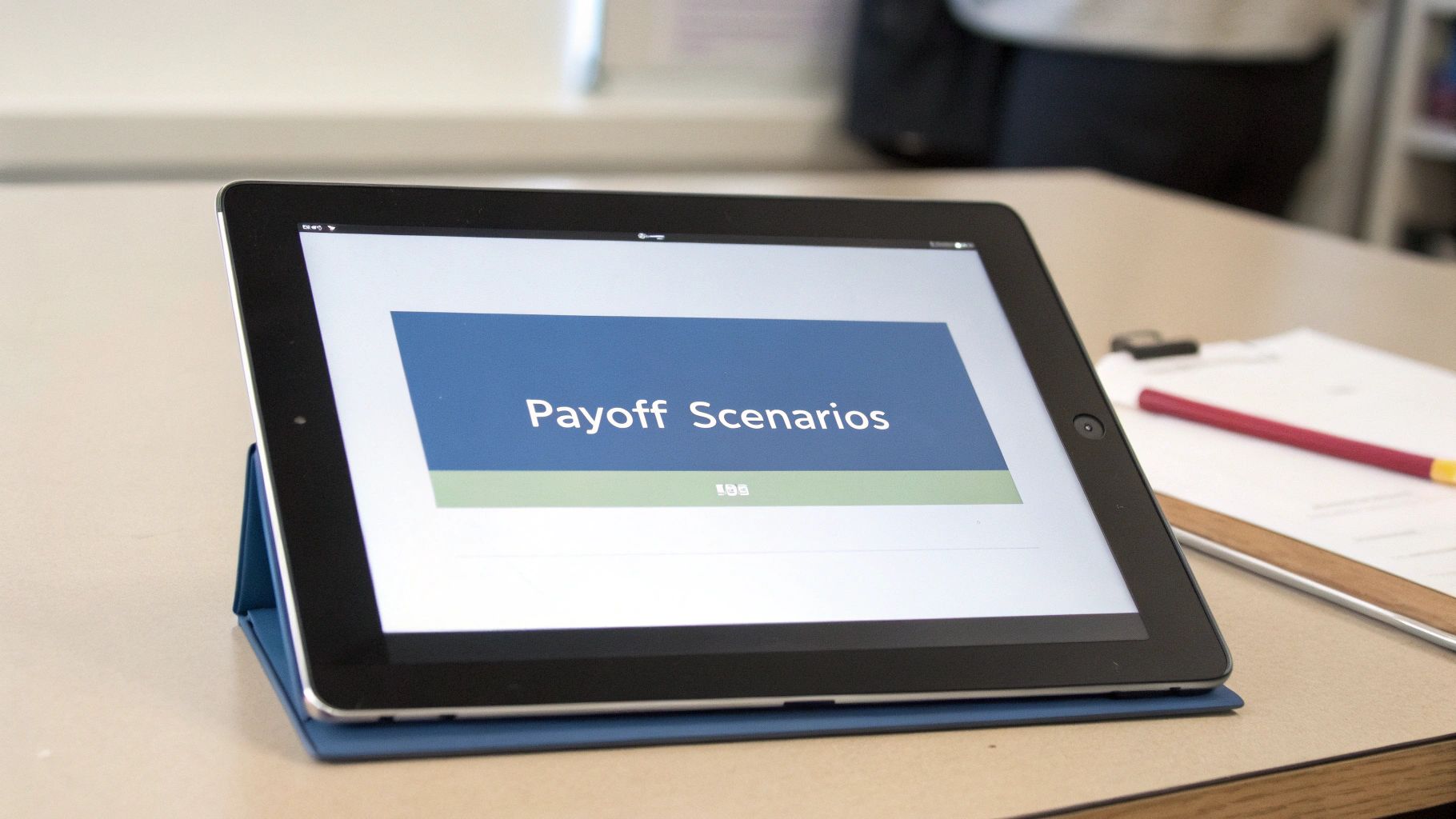An iPad displaying 'Payoff Scenarios' on its screen, placed on a table with a clipboard.