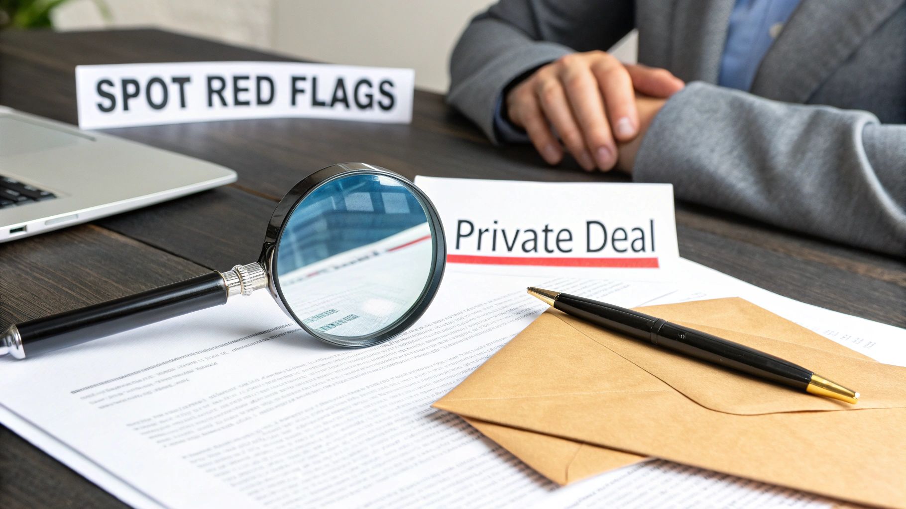 A magnifying glass on a 'Private Deal' document, with 'SPOT RED FLAGS' sign and a person in the background, symbolizing due diligence and risk assessment.