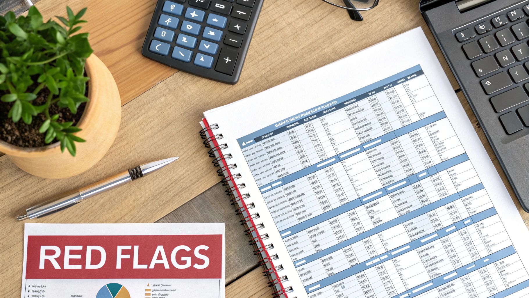 A flat lay of a desk with financial documents, a calculator, laptop, pen, and a 'RED FLAGS' report.