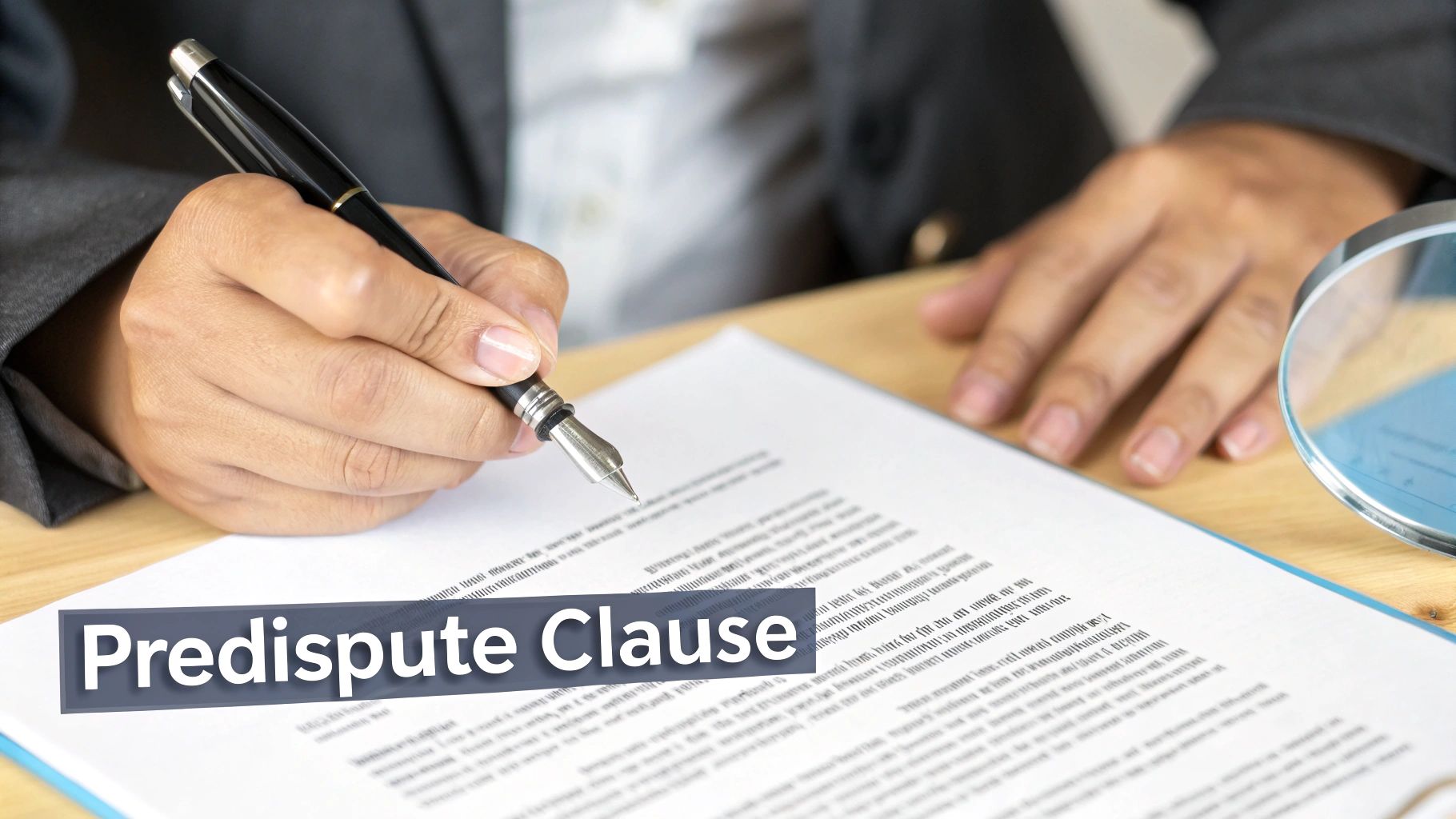 A person's hand holds a fountain pen, poised to sign a legal document with a 'Predispute Clause' overlay.
