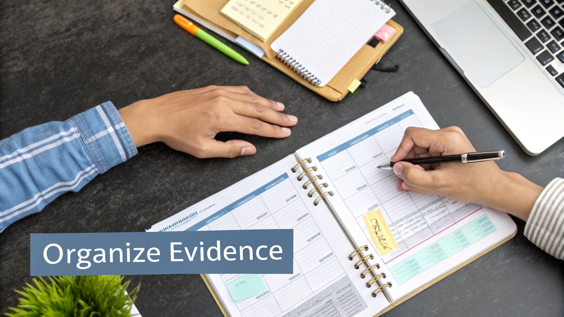 Hands writing in a spiral planner, organizing evidence with a pen on a desk next to a laptop.
