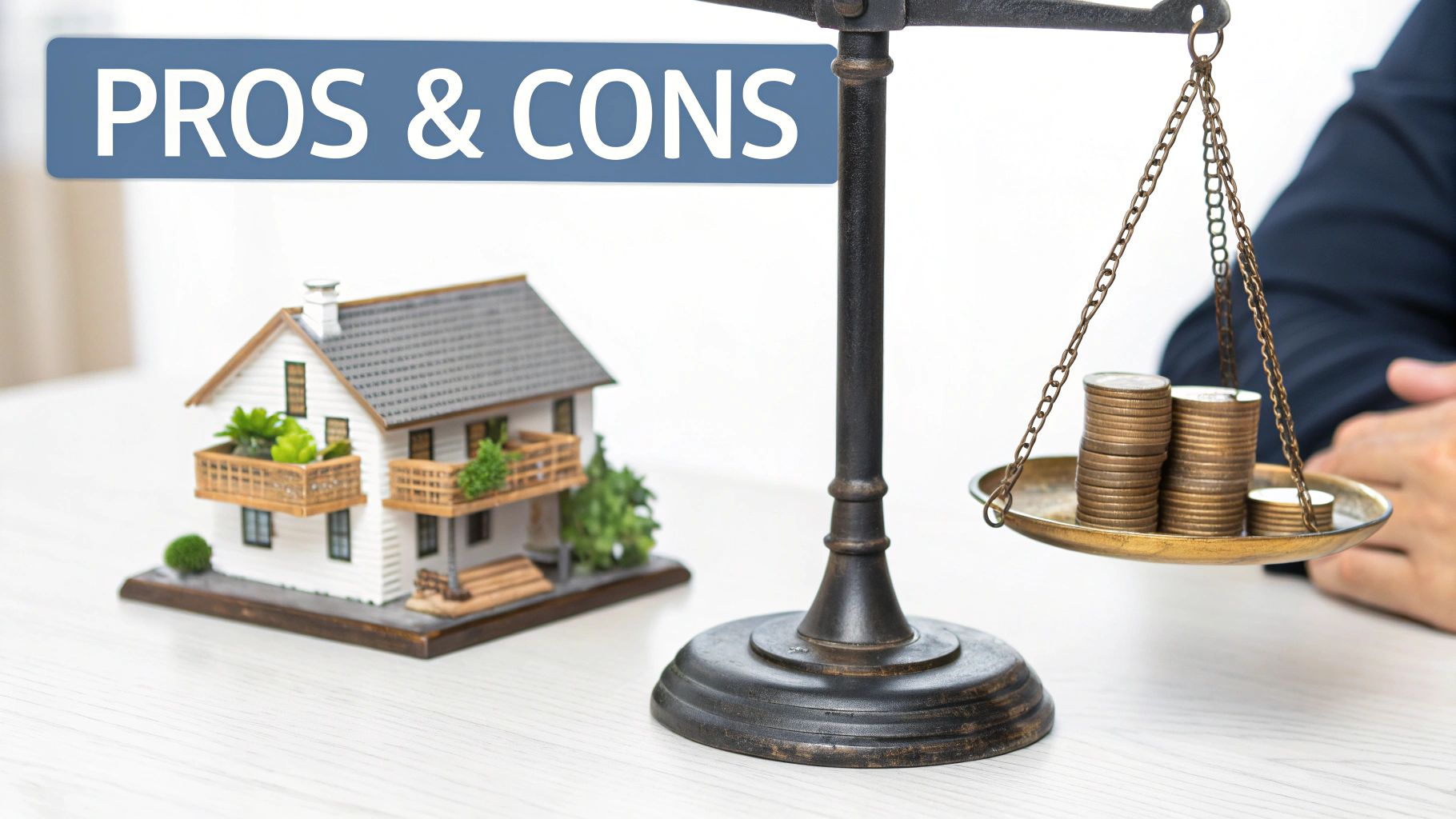 A miniature house model and stacks of coins on a balance scale under a 'PROS & CONS' banner, symbolizing financial comparison.