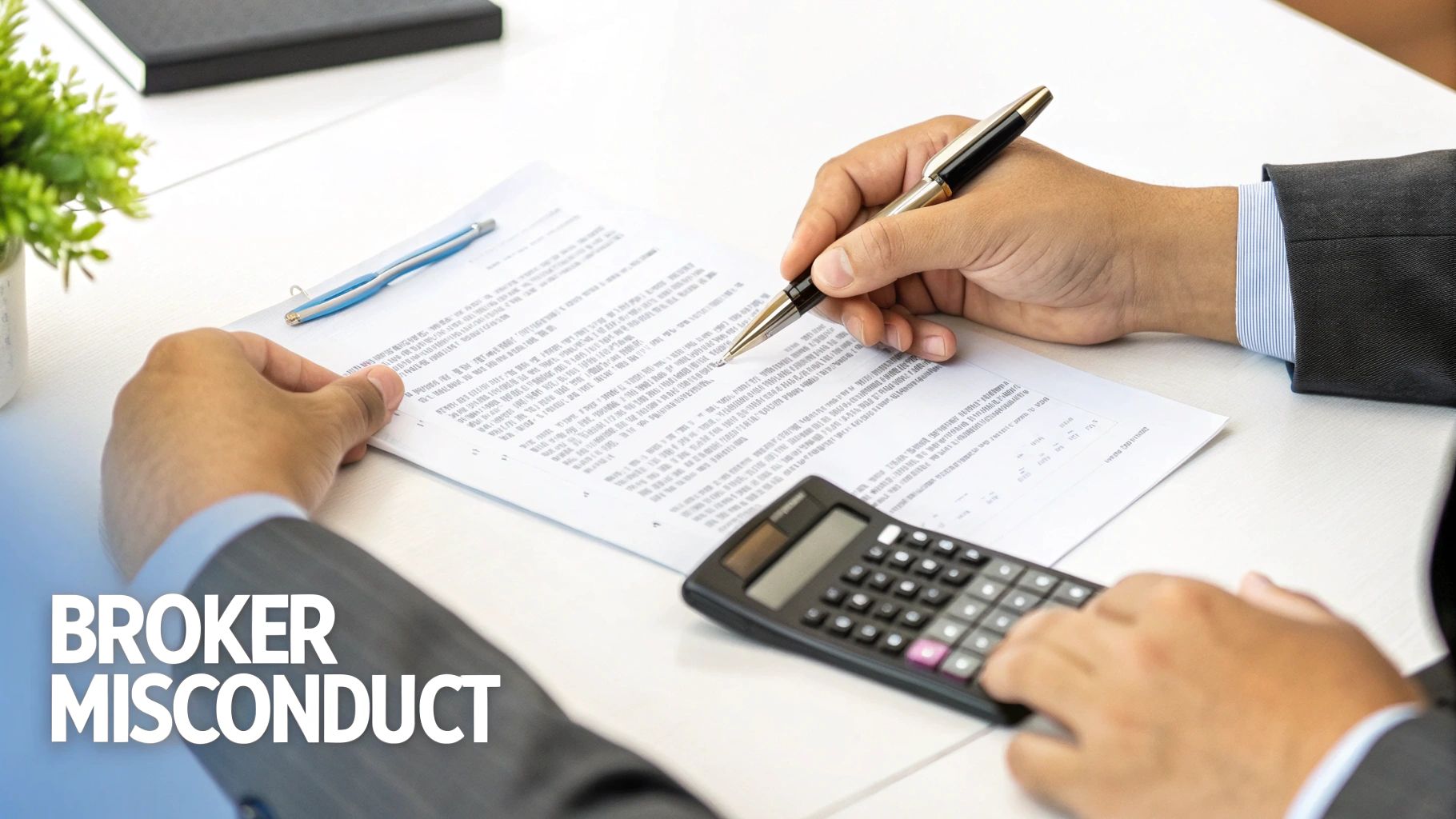 A person in a suit signs a document with a pen, with a calculator and text 'BROKER MISCONDUCT'.