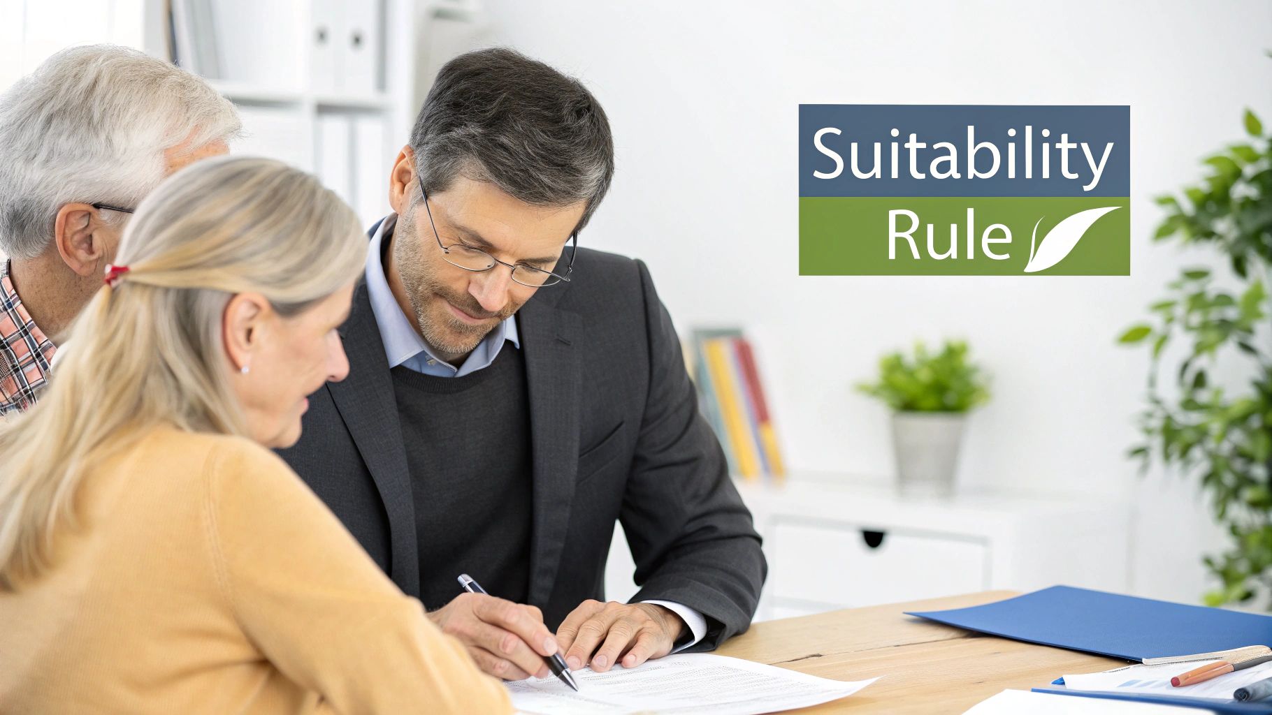 Financial advisor assists a senior couple signing papers under the Suitability Rule.