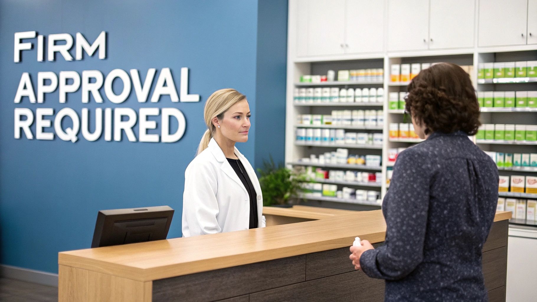 A pharmacist in a white coat stands at a counter, assisting a customer in a pharmacy.