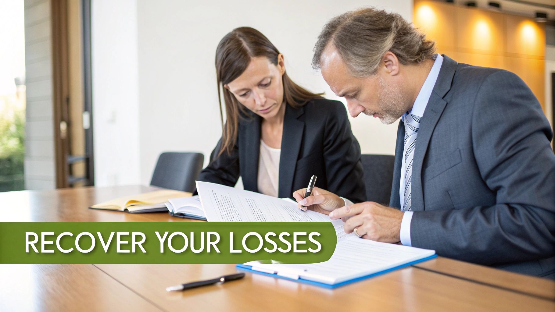 Two business professionals reviewing and signing legal documents at a wooden table in an office.