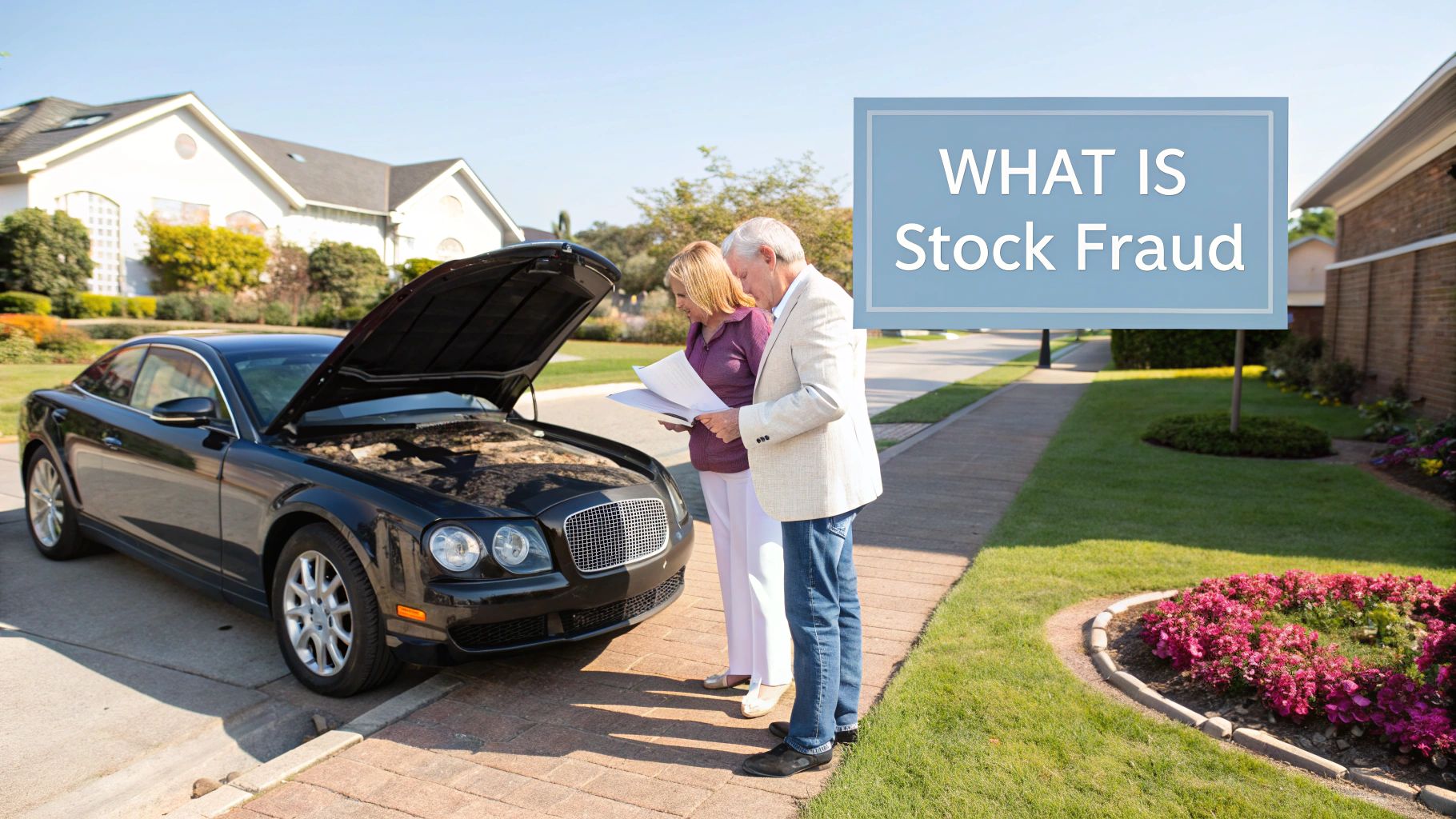 An older couple discusses documents next to a black car with its hood open on a sunny suburban street.