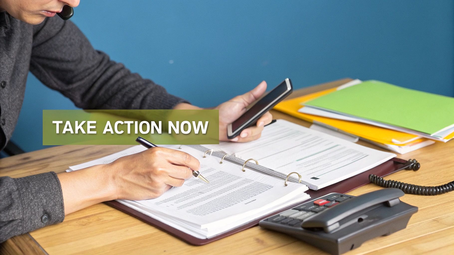 A professional at a desk, writing and using a smartphone, with documents, a landline phone, and "TAKE ACTION NOW" text.