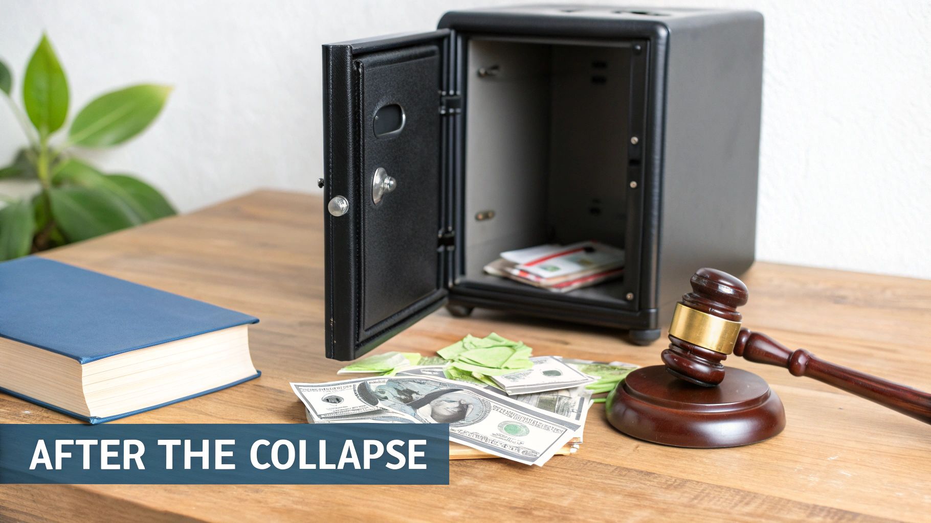 An open safe, scattered money, a legal gavel, and a book on a wooden desk, symbolizing financial collapse.