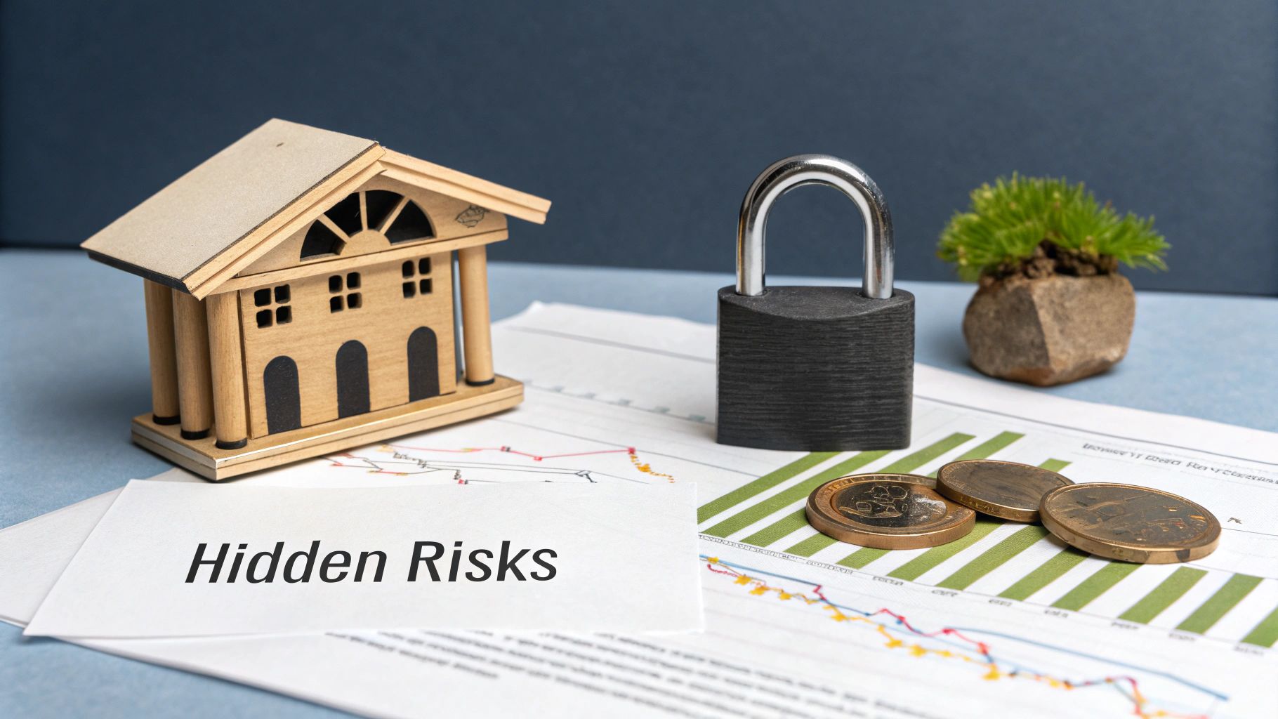 A wooden house model, a padlock, coins, and financial graphs with 'Hidden Risks' text.