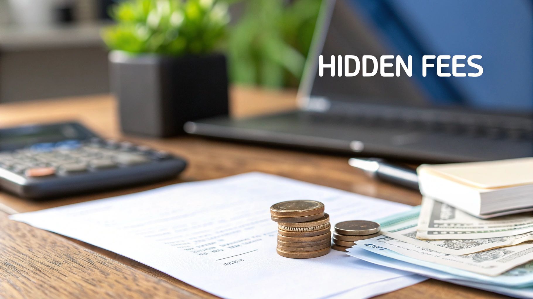A desk with stacked coins, banknotes, papers, and a calculator, with 'HIDDEN FEES' text on a laptop screen.
