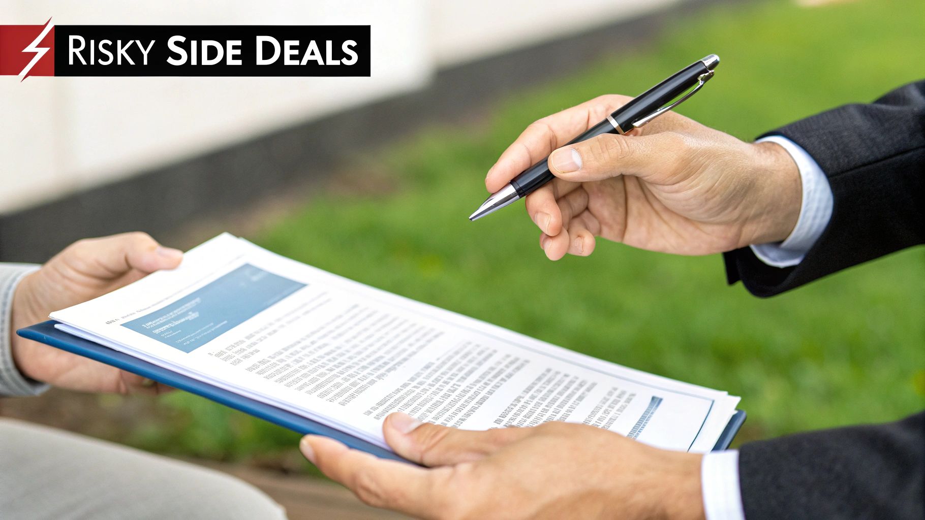 Two hands, one holding documents on a blue folder, the other holding a pen, ready to sign.