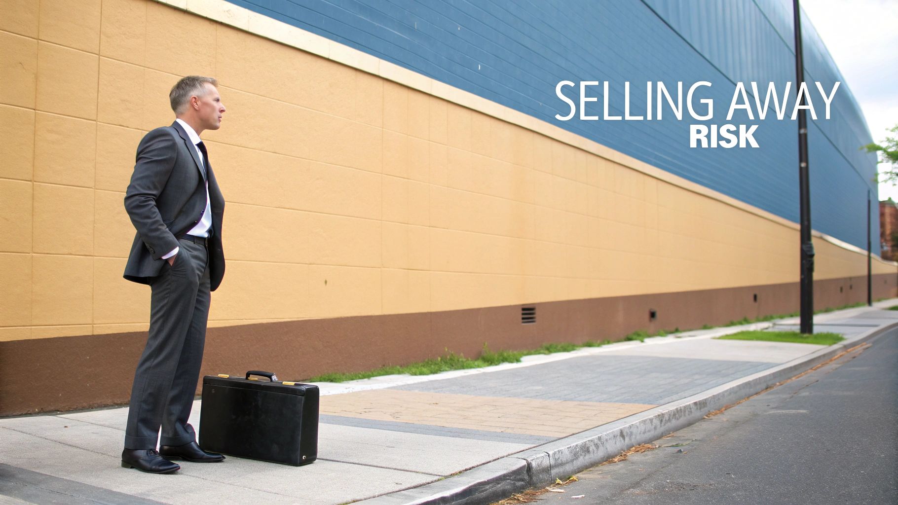 A businessman in a suit stands on a sidewalk with a briefcase, looking at a building with 'Selling Away Risk' text.