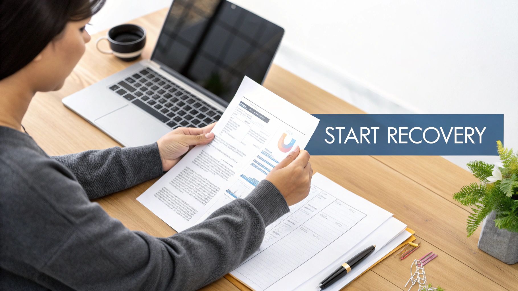 Professional business woman reviewing financial recovery documents and charts at office desk with laptop