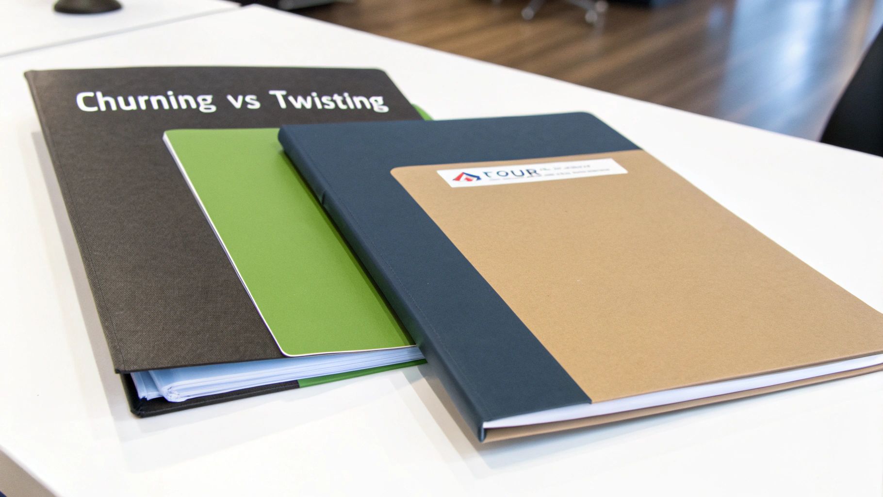 Three professional binders, one black with 'Churning vs Twisting' text, on a white desk.
