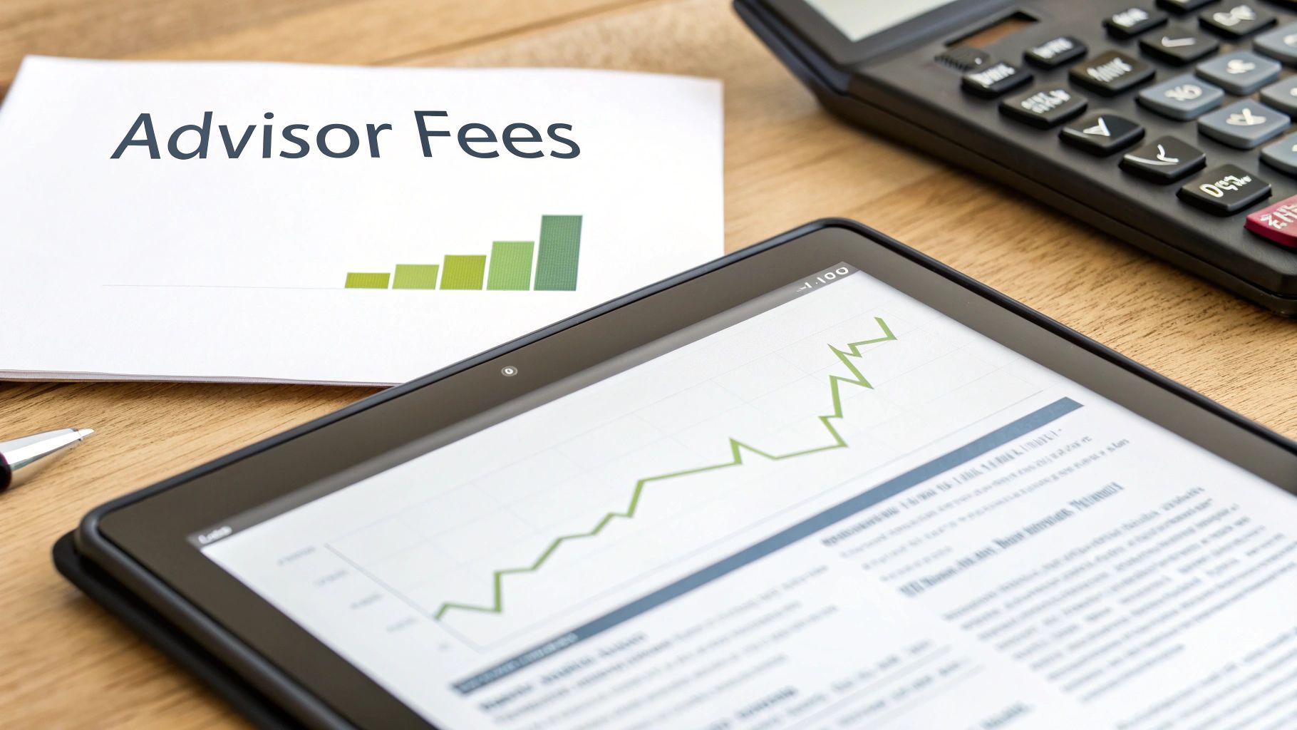 Financial documents with 'Advisor Fees' title, bar graph, tablet displaying a growth chart, calculator, and pen.