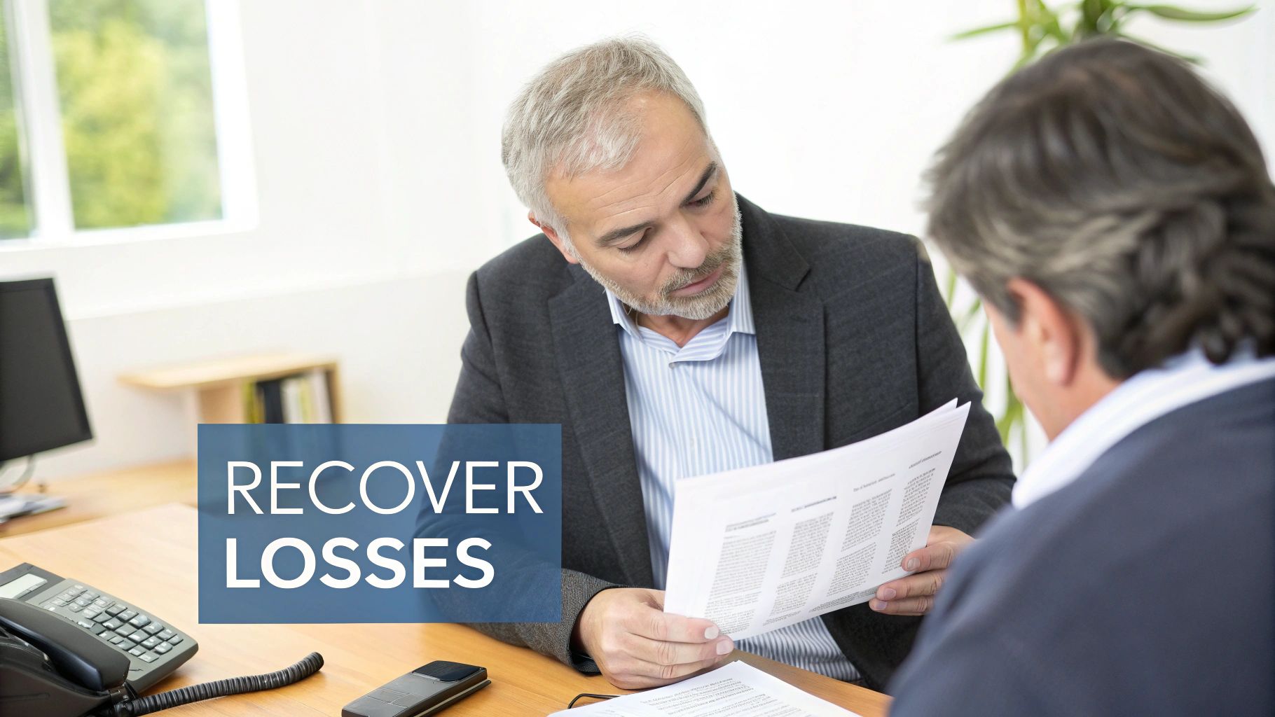Two professional men discuss documents in an office, one reviewing papers, with text 'Recover Losses'.