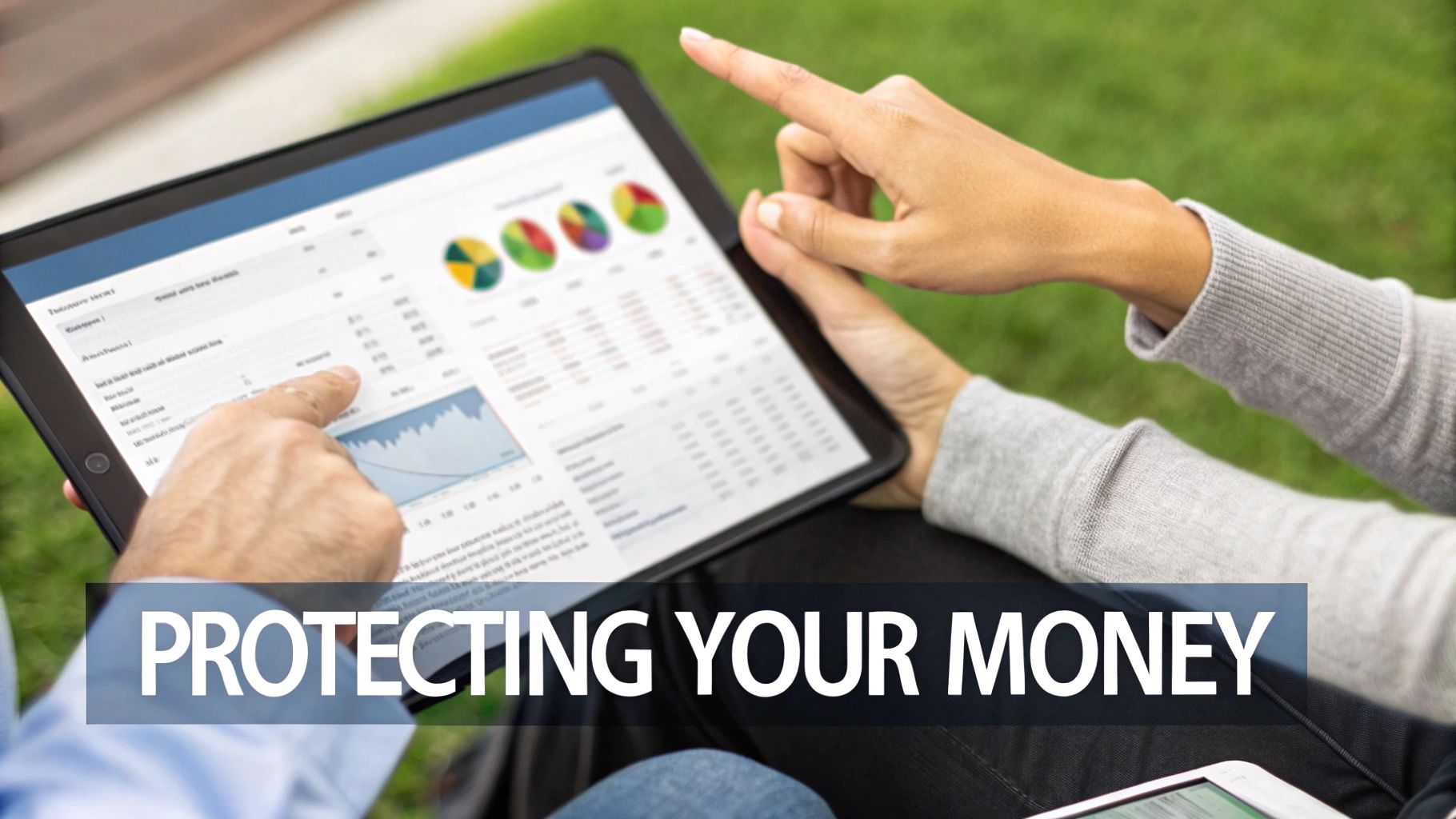 Two people analyze financial charts and data on a tablet, with text 'PROTECTING YOUR MONEY' overlay.