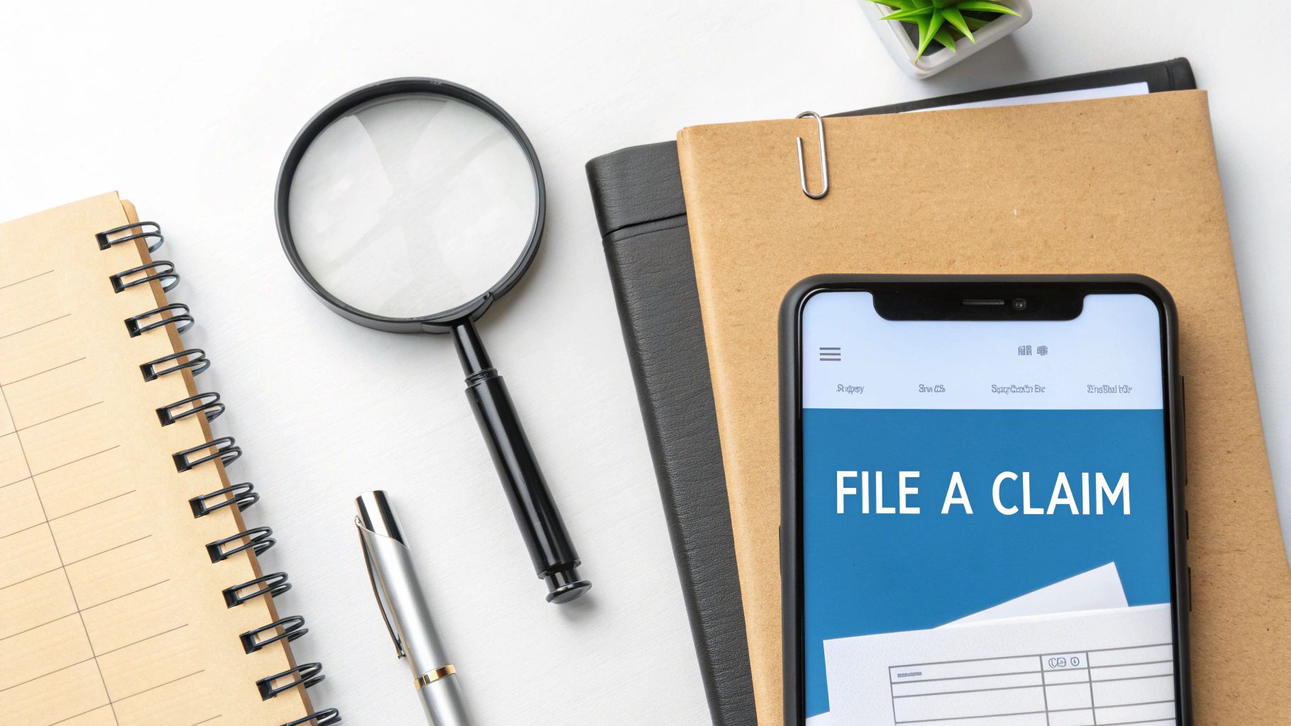 A desk with a smartphone displaying 'FILE A CLAIM', a magnifying glass, pen, and notebooks.