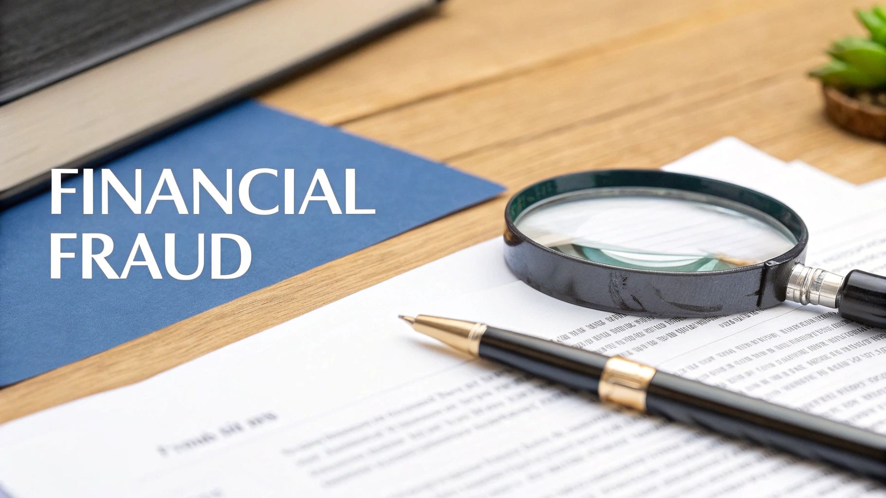 A desk with a blue folder displaying 'FINANCIAL FRAUD', a magnifying glass, a pen, and documents.