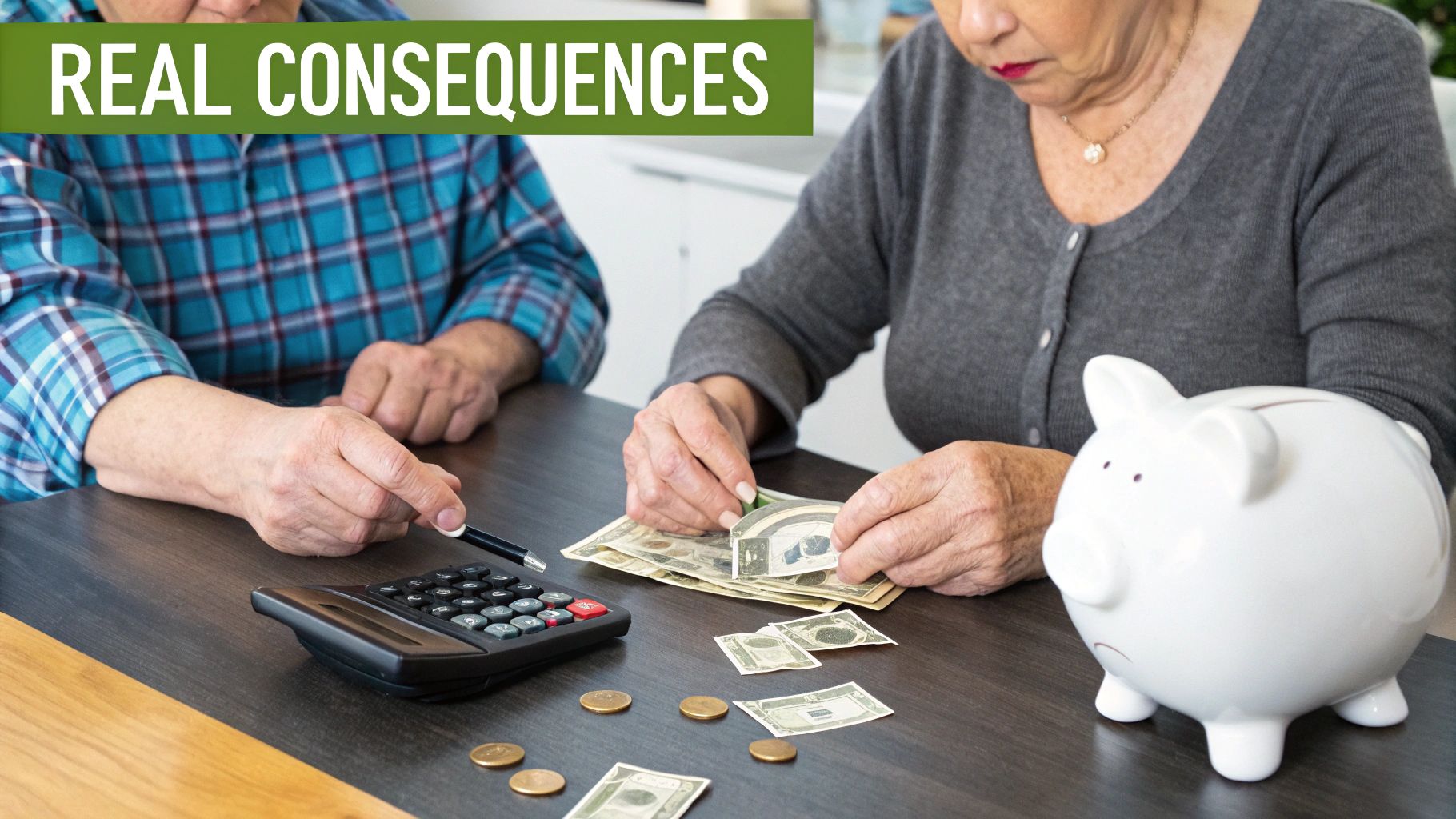 An elderly couple reviews finances with a calculator, money, and a piggy bank.