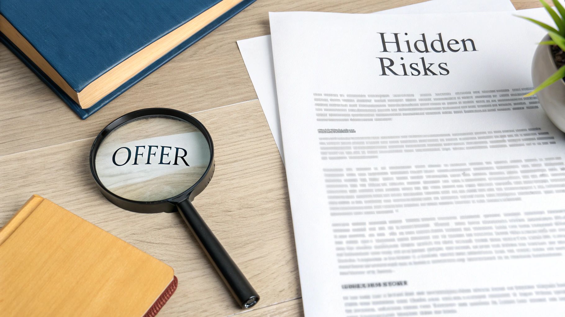 A magnifying glass hovering over the fine print of a financial document, highlighting hidden risks