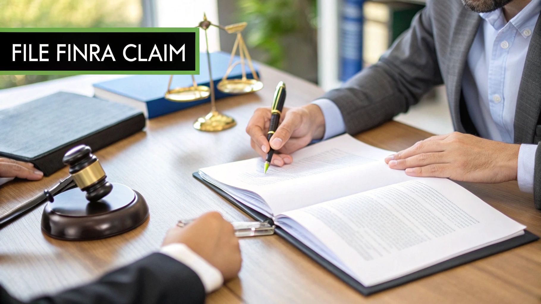 A person signing documents at a legal desk with a gavel and scales of justice, with 'FILE FINRA CLAIM' text visible.