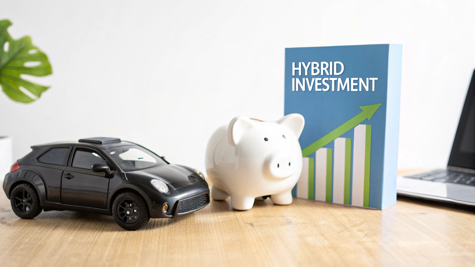 A black toy car, white piggy bank, and 'Hybrid Investment' box on a desk, symbolizing financial strategies.