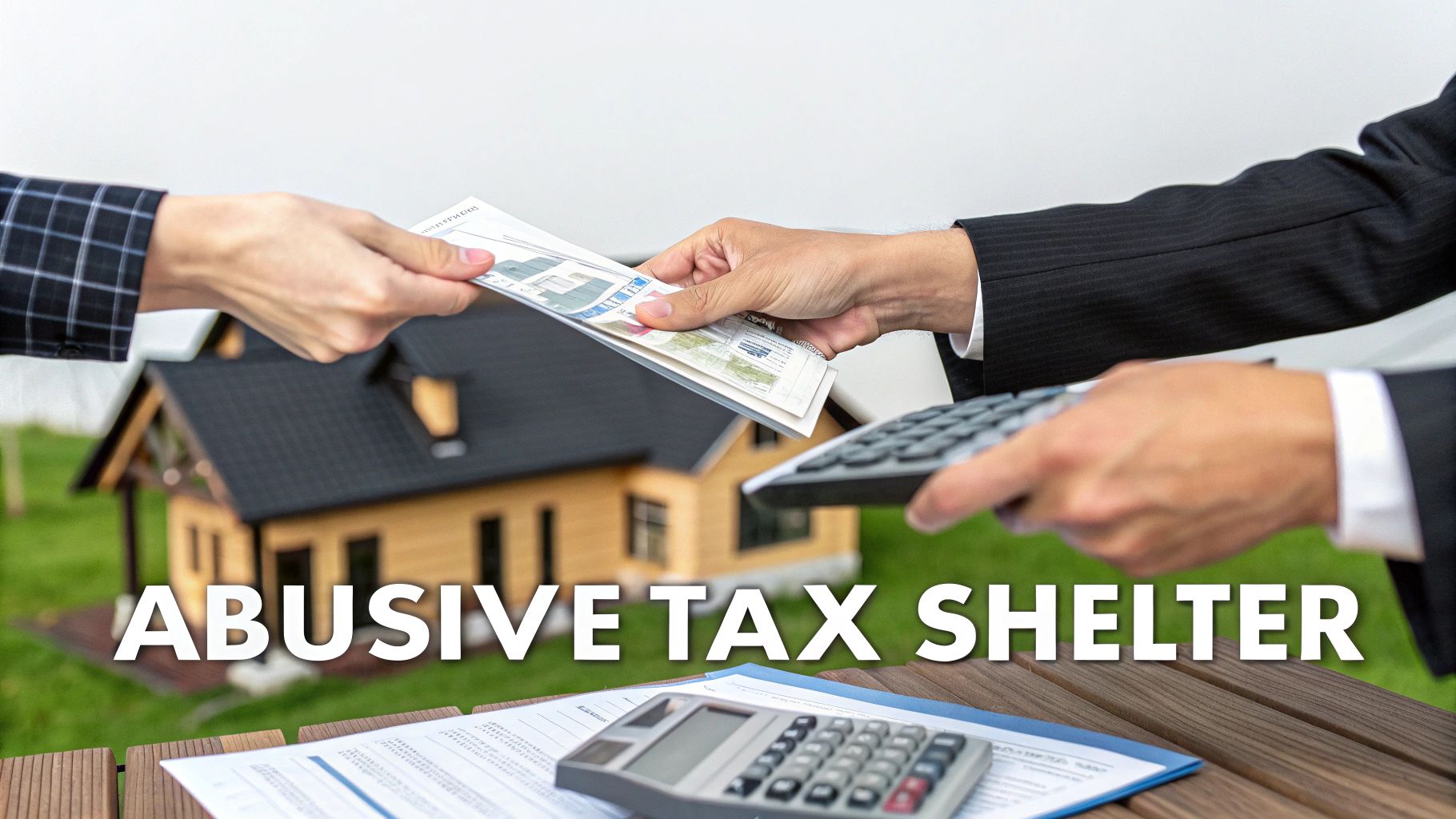Two hands exchange documents over a table with a house model and calculators, highlighting 'ABUSIVE TAX SHELTER'.