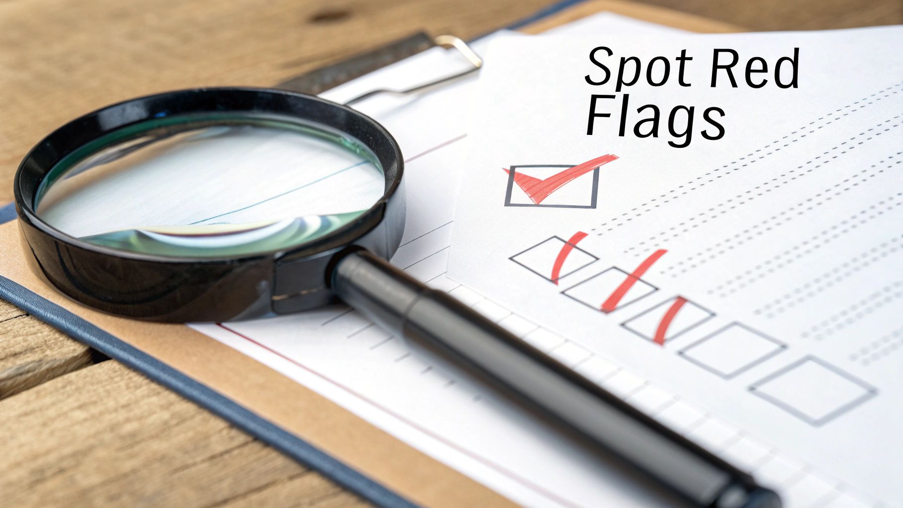 A magnifying glass resting on a document with a checklist, identifying 'Spot Red Flags'.
